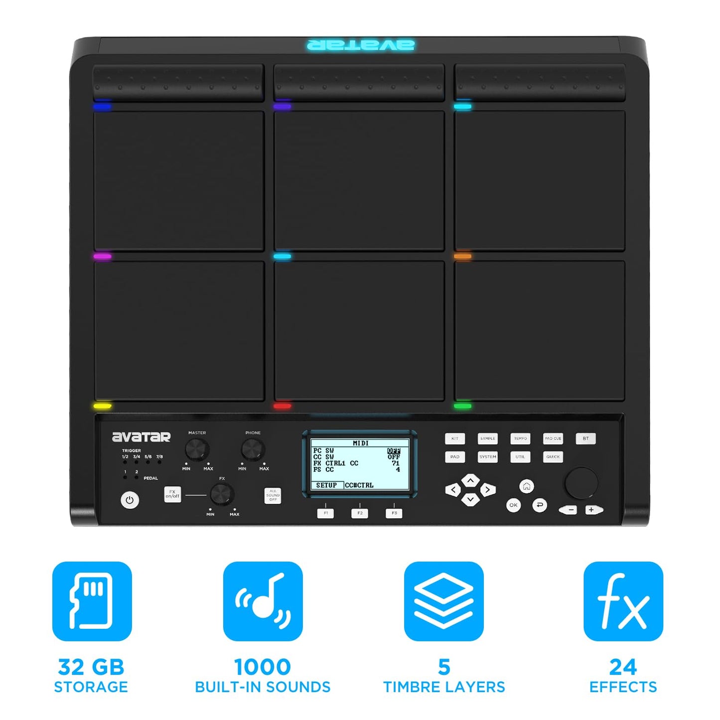 PD708 - Almohadilla de muestra para percusión y muestreo con 9 almohadillas para orejas de batería para rendimiento en vivo, más de 1000 sonidos integrados, almacenamiento de 32 GB, FX incorporado