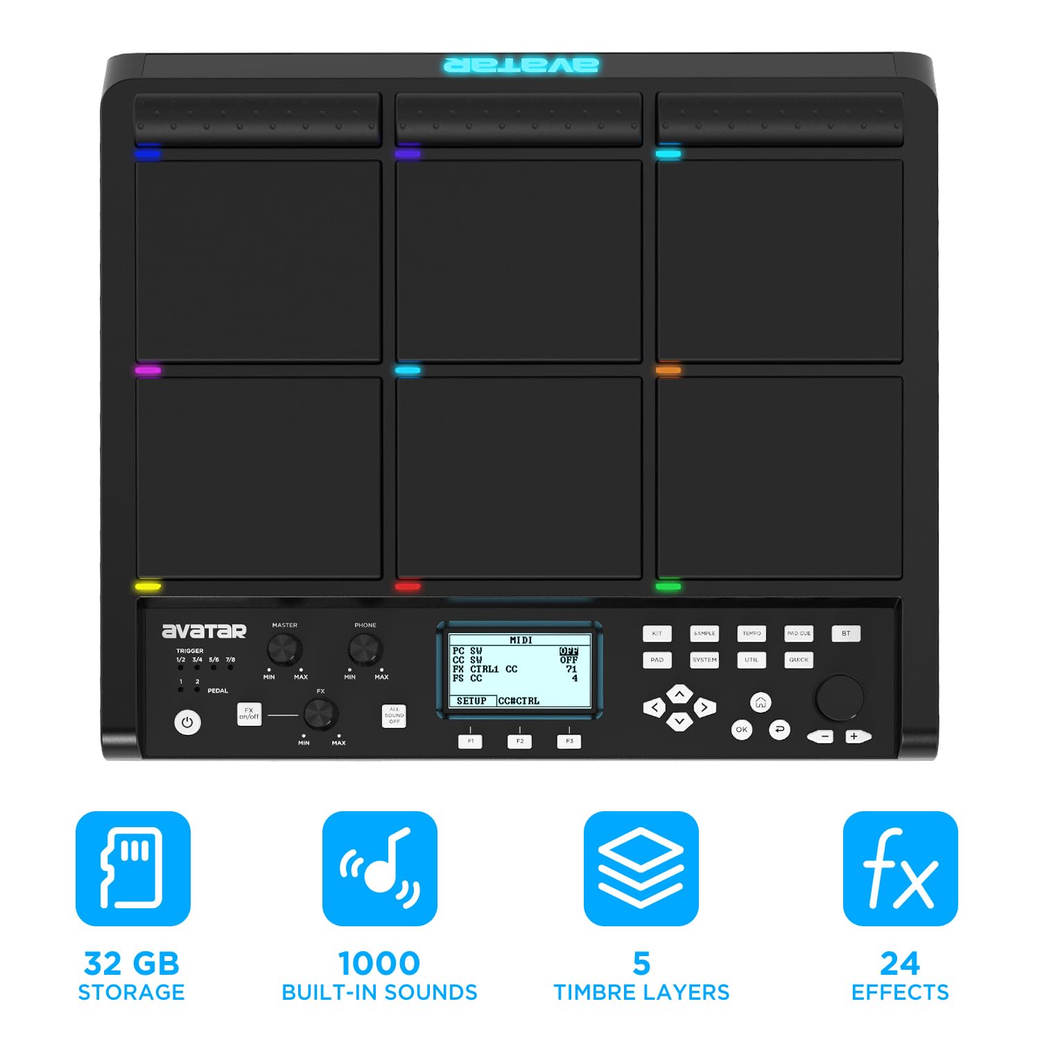 PD708 - Almohadilla de muestra para percusión y muestreo con 9 almohadillas para orejas de batería para rendimiento en vivo, más de 1000 sonidos integrados, almacenamiento de 32 GB, FX incorporado
