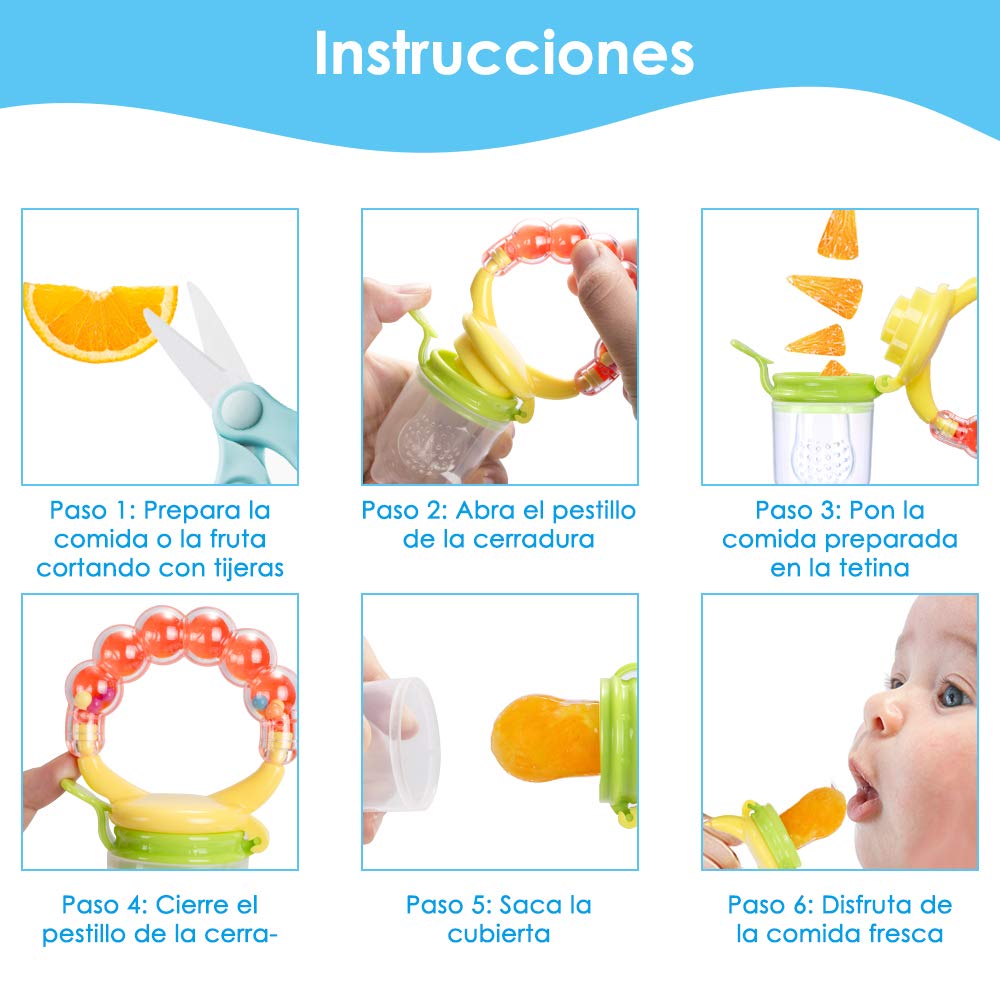 HomeChi Contenedor para alimentar al bebé, accesorio para alimentación de bebé, exprimidor de alimentos para bebés, chupete de fruta fresca, Chupon mordedera y 2 piezas de cucharas