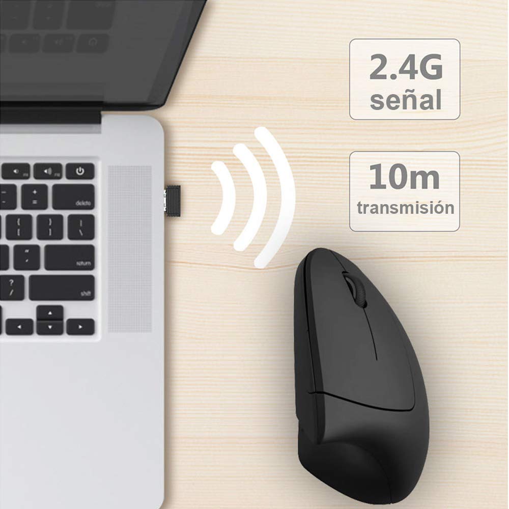 Mouse Ergonómico Inalámbrico Recargable Negro con Diseño de 6 Botones y 3 DPIs Ajustables
