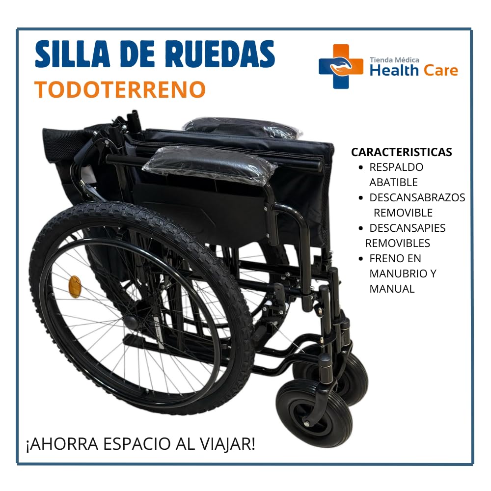 CARRE - SILLA DE RUEDAS PARA ADULTO TODO TERRENO DE LUJO NEUMATICA, RESISITENTE PLEGABLE, DESCANSAPIES REMOVIBLE, DESCANSABRAZOS REMOVIBLE, RESPALDO PLEGABLE, ACERO ESMALTADO SCT-002