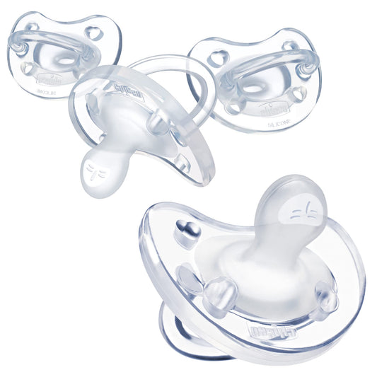 Chicco PhysioForma Chupete de una pieza 100% silicona suave para bebés de 0 a 6 m, transparente, ortodóntico, sin BPA, 4 unidades con estuche esterilizante