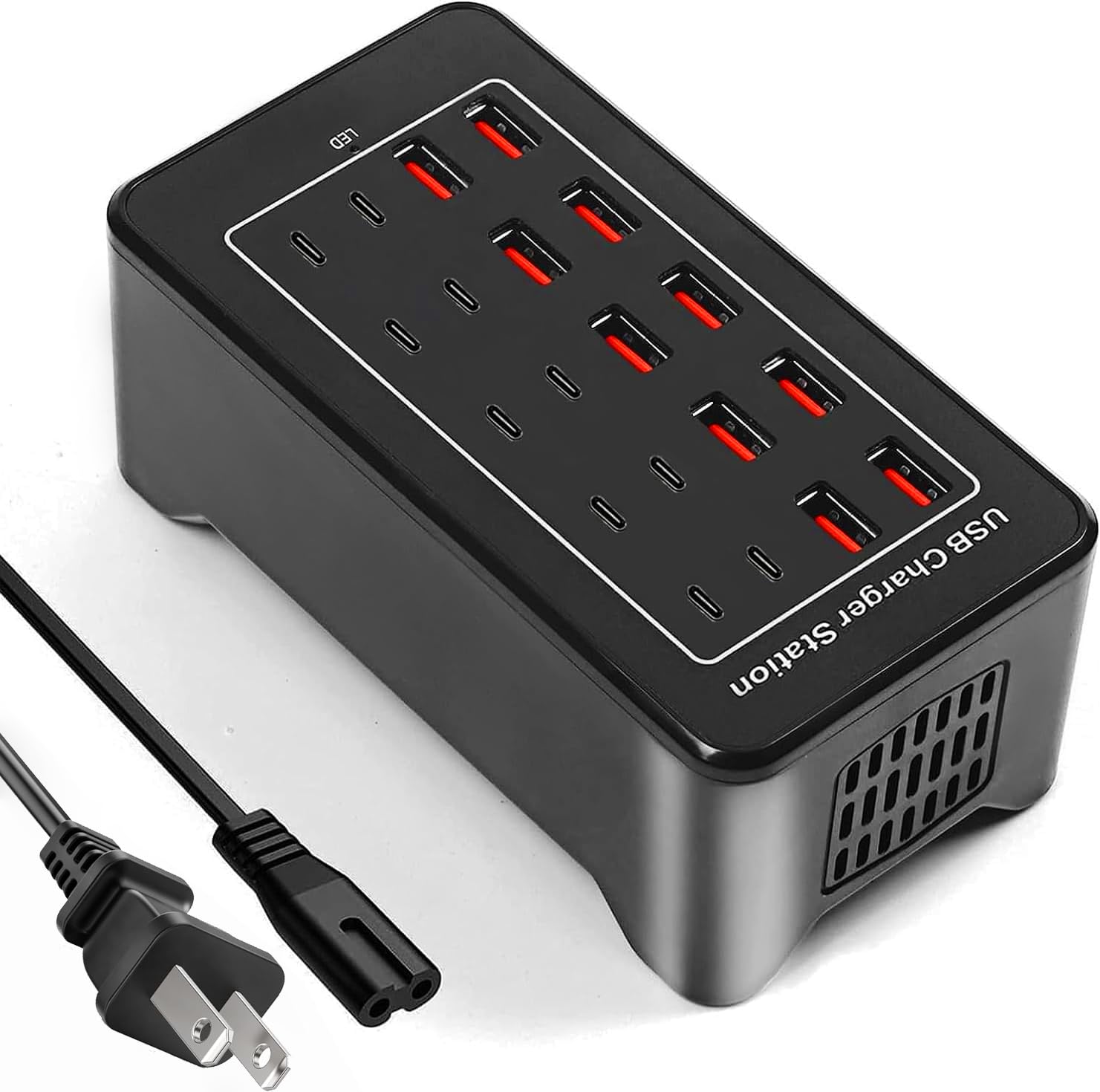 Bloque de cargador USB C de 100 W, estación de carga USB C, 20 puertos (20 A), hub de carga múltiple de computadora de 10 puertos, cargador USB compatible con Apple iPhone, iPad, Samsung, Pixel,