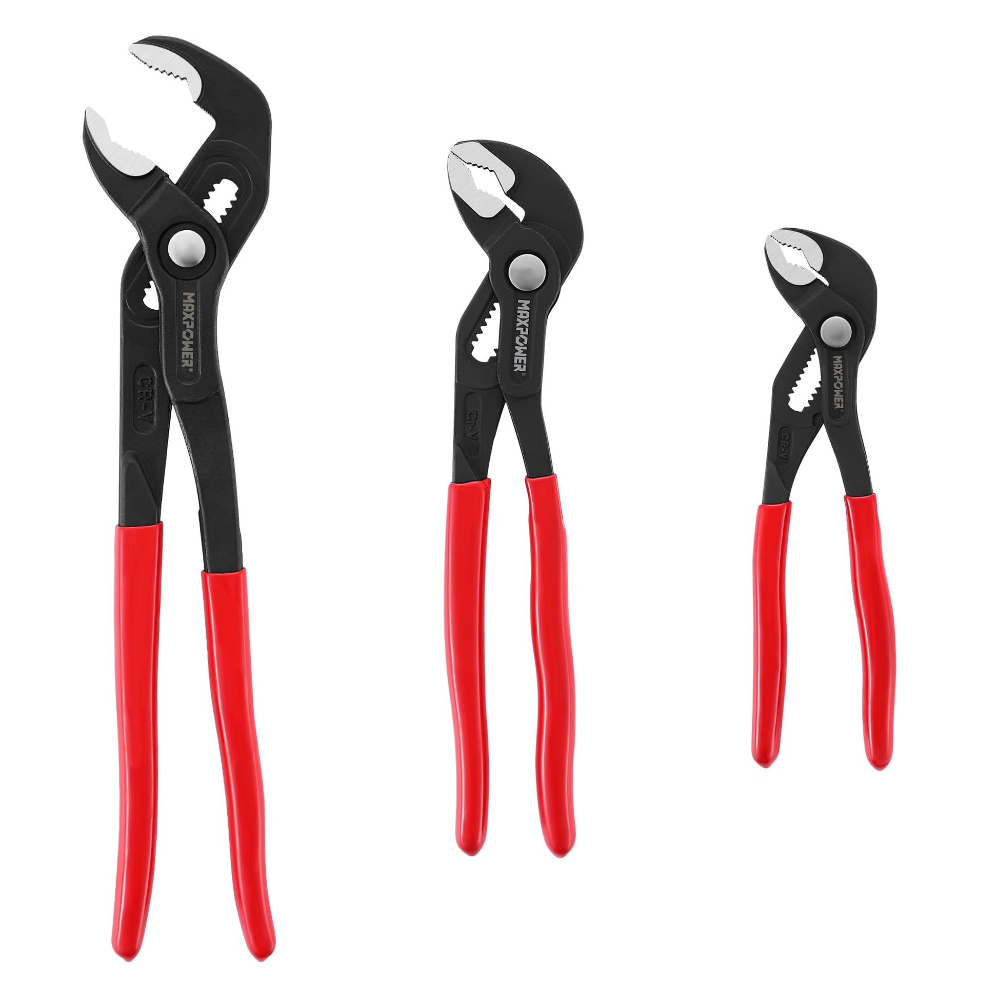 MAXPOWER - Juego de alicates para bomba de agua de 7 pulgadas, 10 pulgadas, 12 pulgadas, 12 pulgadas, ajuste rápido, con capacidad máxima de mandíbula 1.4 pulgadas, 1.6 pulgadas y 1.6 pulgadas