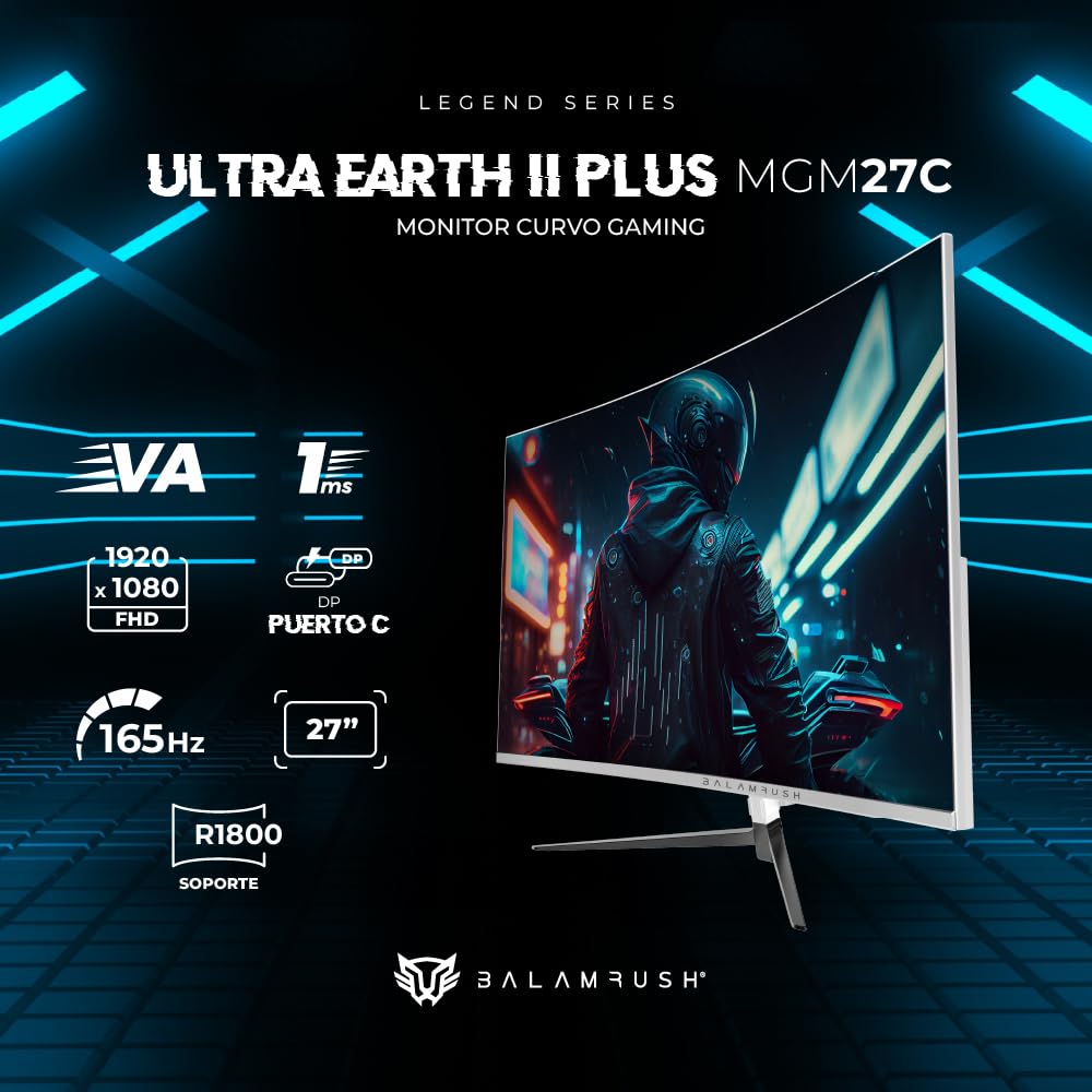 Balam Rush Monitor Gamer Curvo 27" VA/Ultra Earth II MGM27C / FHD R1800 / 180Hz / 1ms / F-Sync/G-Sync/Flicker-Free / 1xHDMI 1.4 + 1xDP 1.2 + 1xTipo C Display + 3.5 mm/VESA 100mm / Legend PEM Blanco