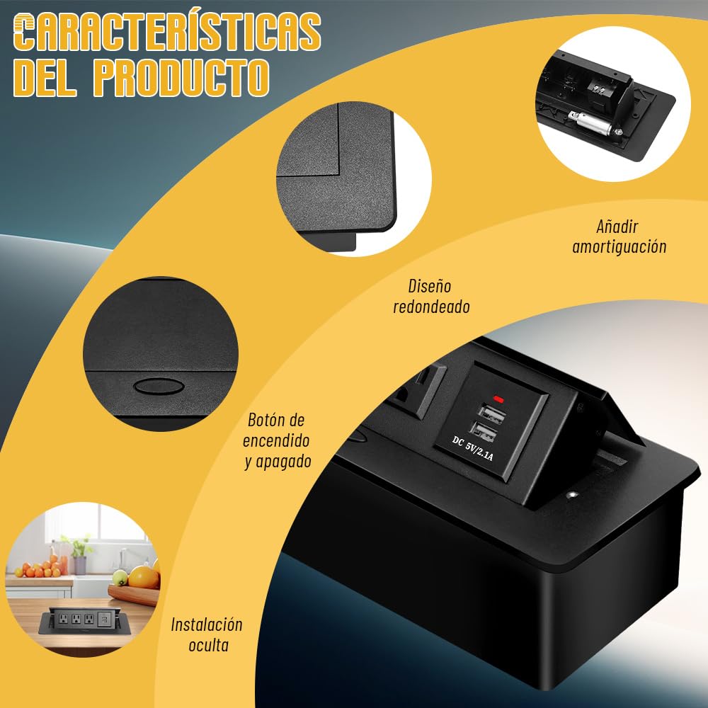 Testpoty Enchufe de Escritorio Oculto, Tira de Alimentación Empotrada para Muebles de Escritorio con Puertos USB, Estación de Carga de Computadora con 3 Tomas de Corriente y 2 Puertos USB