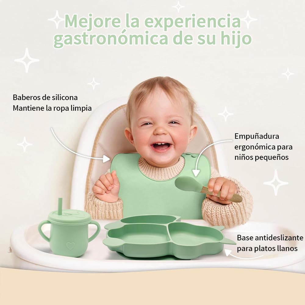 FINYQBET Platos Para Bebés De Silicona Con Tazón Cuchara Tenedor Babe,Set de 8 Piezas para Bebés,Plato para Bebe con Ventosas, Ajustable,VERDE