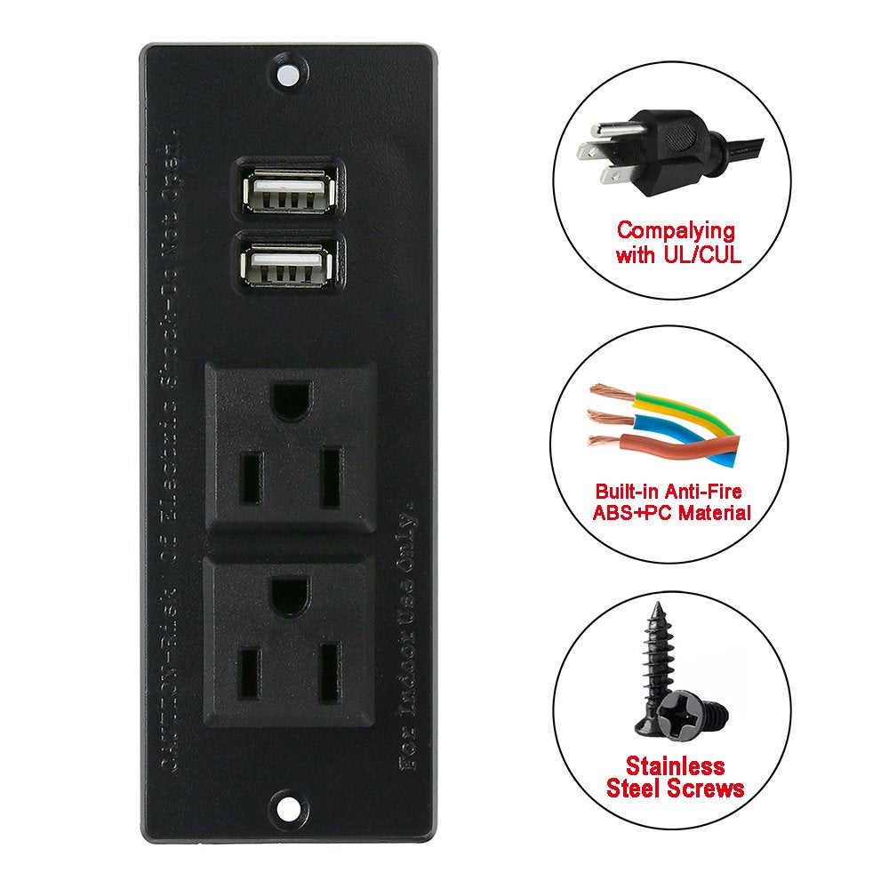 4 LEAF Regleta Empotrada con USB Tira de Alimentación Multicontacto Enchufe 2 Tomas 2 USB Cable Extensión 2 Metros Montaje para Mesa Sofá Gabinete Nightstand Nergo