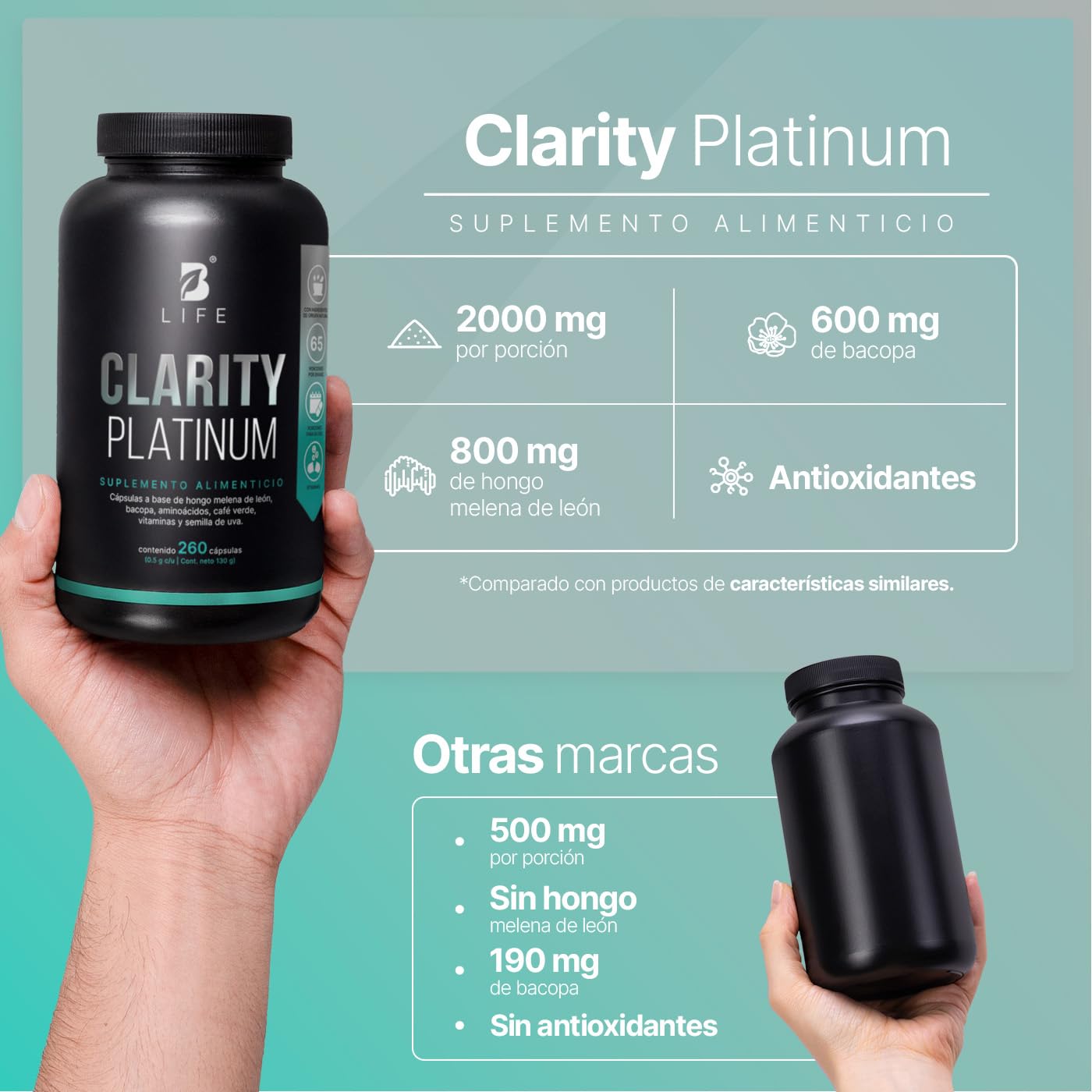 B Life Nootropico Clarity Platinum | 260 Cápsulas | Ingredientes naturales: Hongo Melena de León, Bacopa, Tirosina, Café Verde | Clarity Platinum.