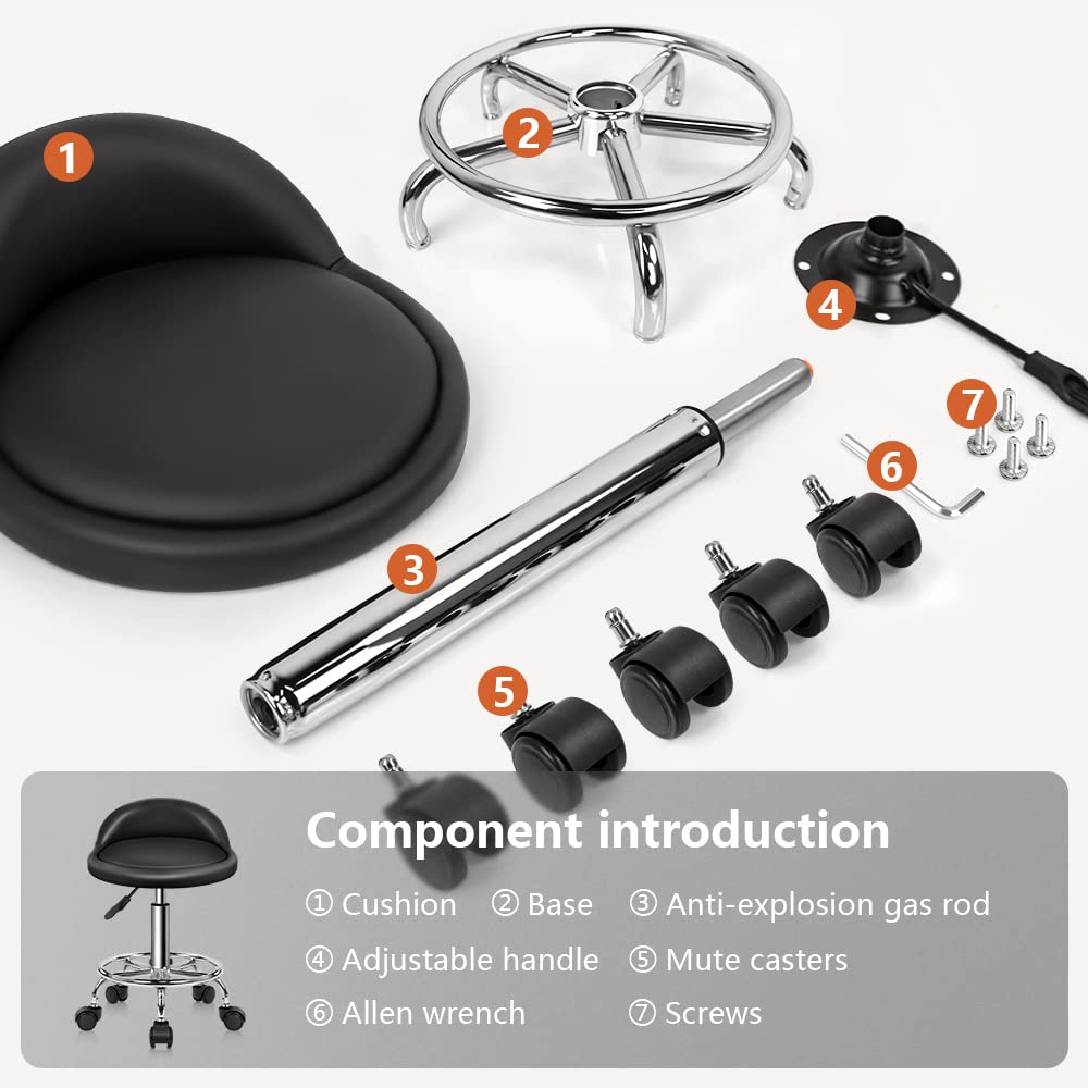 KKTONER Taburete de Cuero Artificial con Respaldo Giratorio Taburete con Ruedas de Altura Ajustable con Ruedas para Pintar Tatuaje Masaje SPA Tienda Taburete de Trabajo con Pedal (Negro)