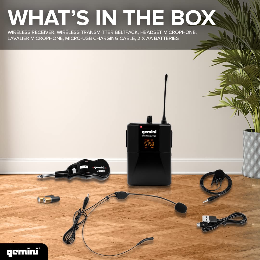 Gemini - Sistema de micrófono inalámbrico UHF - Micrófono de Doble lavalier y Auriculares, Receptor Recargable USB, Alcance de más de 50 m, Plug & Play para Eventos, enseñanza, transmisión, Karaoke y