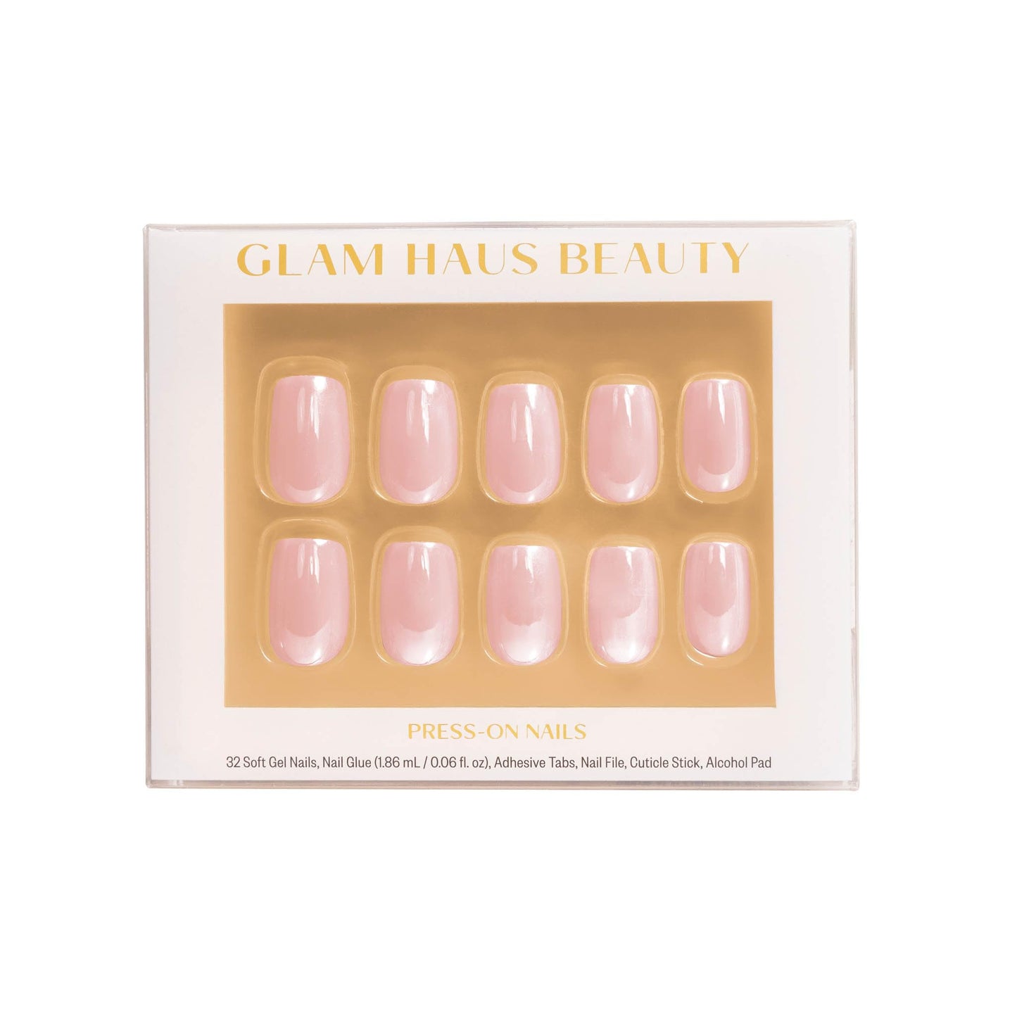 Glam Haus Beauty Uñas postizas rosa satinado | Cortas, cuadradas, rosa perlado, acabado brillante, calidad profesional | 16 tamaños - Kit de 32 uñas con pegamento y pestañas adhesivas