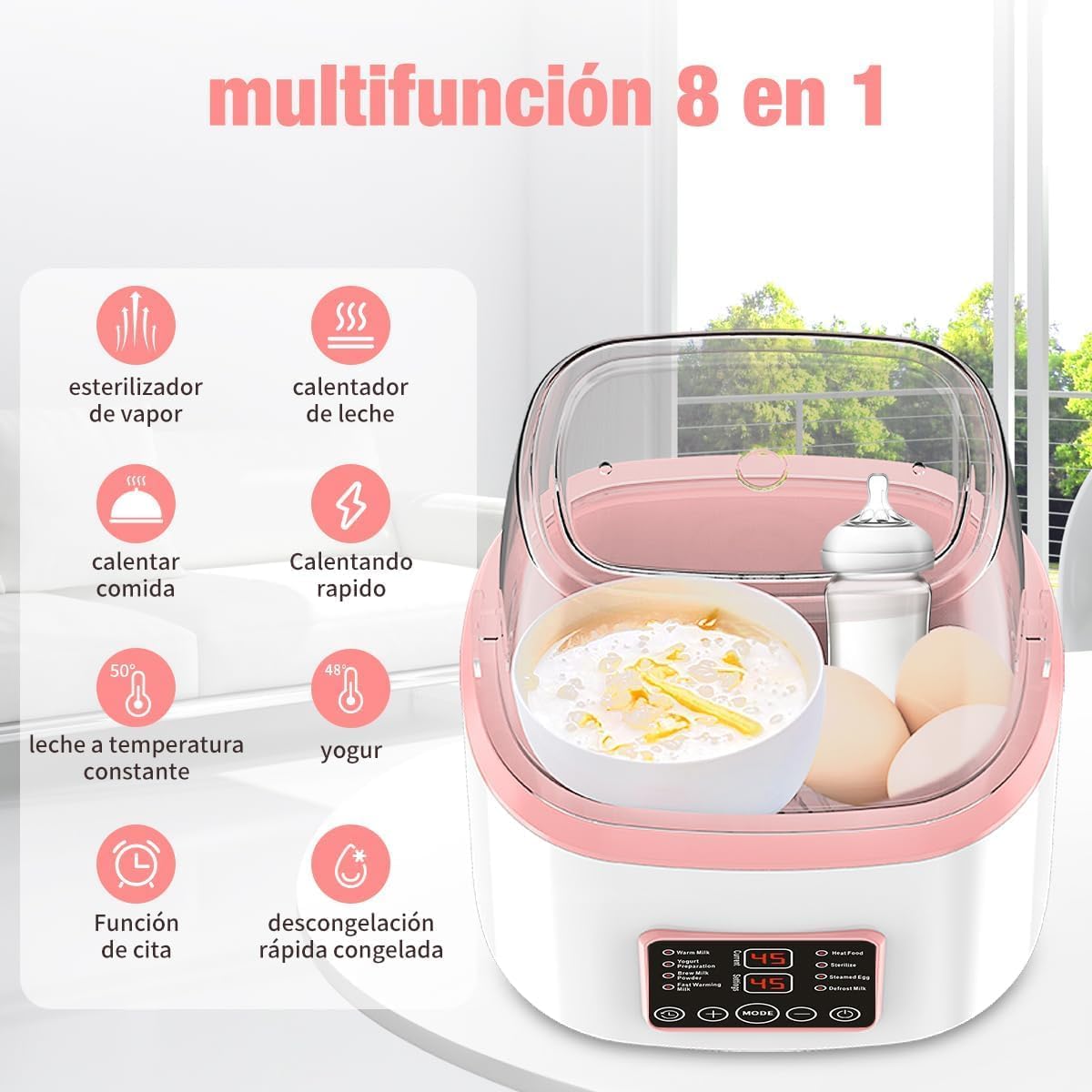 Calentador de Biberones, Esterilizador de Biberones Multifuncional 9 en 1, Calienta Biberon para Bebe Portátil, Apto para 4 Biberones, Pantalla LCD Control Preciso de Temperatura, Modo Constante de 24H