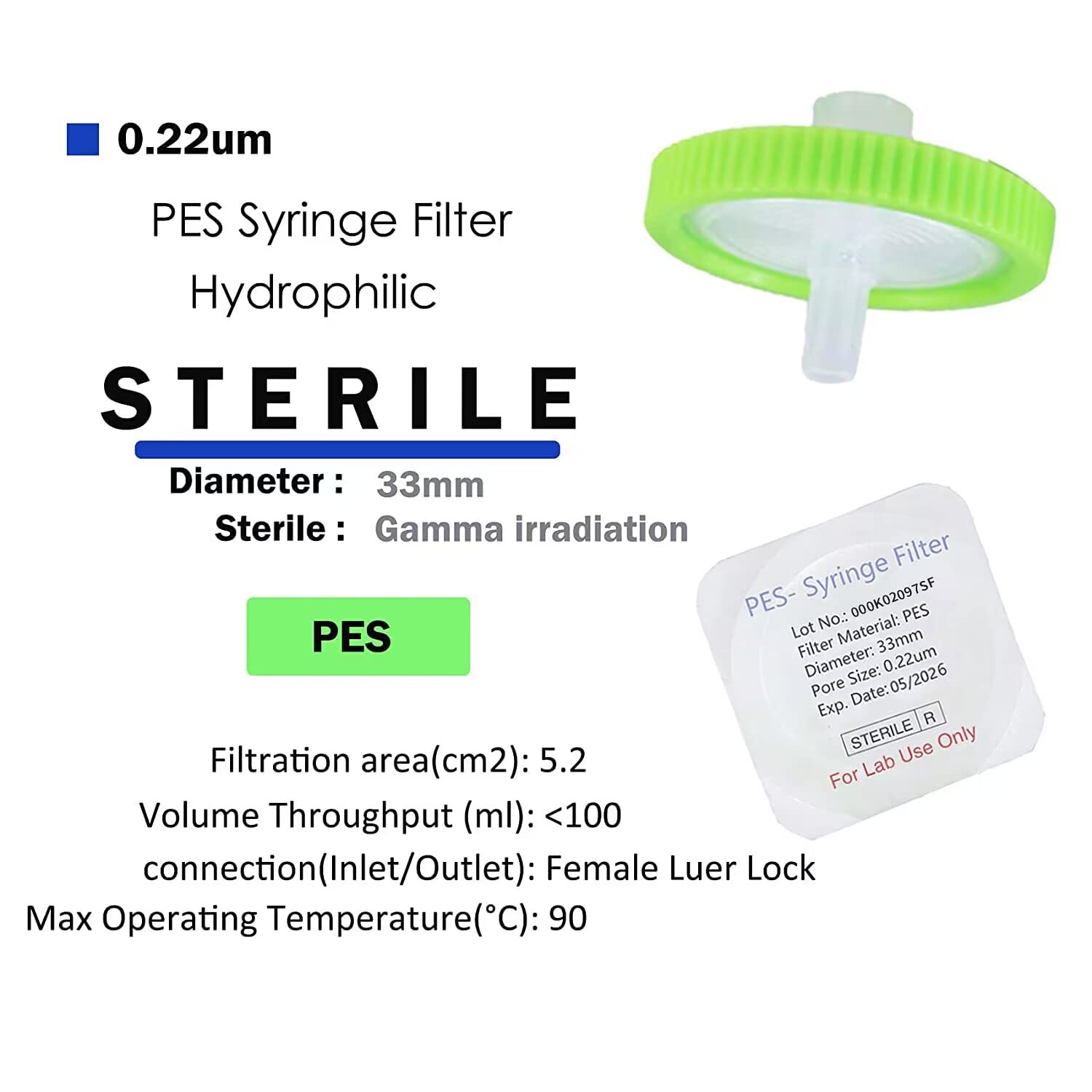 Filtro de jeringa, tamaño de poro de la membrana PES 0.22um, diámetro de la membrana 33mm, empaquetado individualmente, paquete de 20 por Labfil