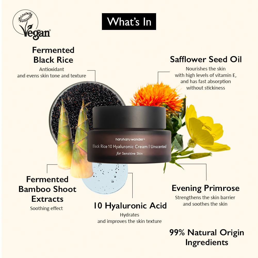 HARUHARU Wonder Black Rice Hyaluronic Cream (sin perfume) 1.69 onzas líquidas / 1.7 fl oz | Sin fragancia para pieles sensibles | Vegano, libre de crueldad, EWG verde