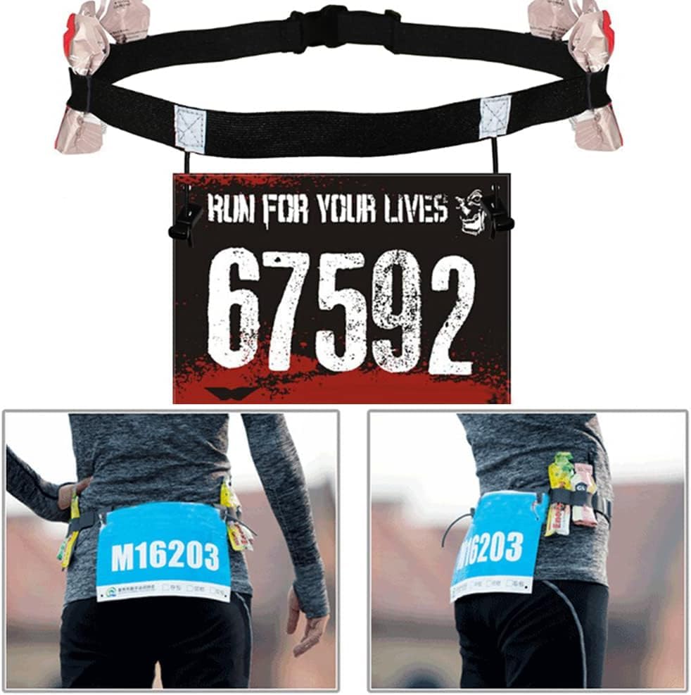 Cinturón de Números de Carrera con 6 Bucles de Gel, 2 Pcs Cinturón de Carreras de Triatlón, Cinturón Elástico para Correr con Tiras Reflectantes, Ajustable, para Triatlón, Maratón (Negro & Rojo)