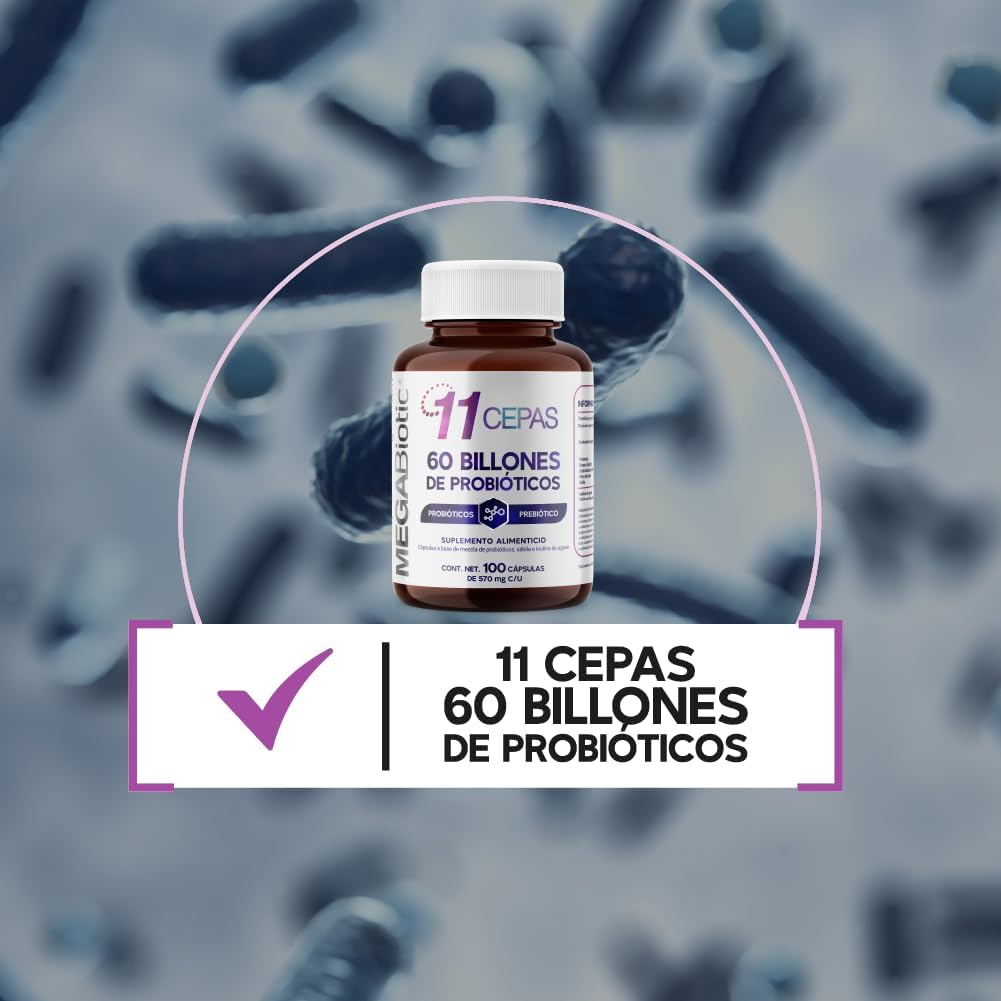 Suplemento Alimenticio MegaBiotic Probióticos 60 Billones 11 Cepas y Inulina de Agave Cont. 100 Caps.