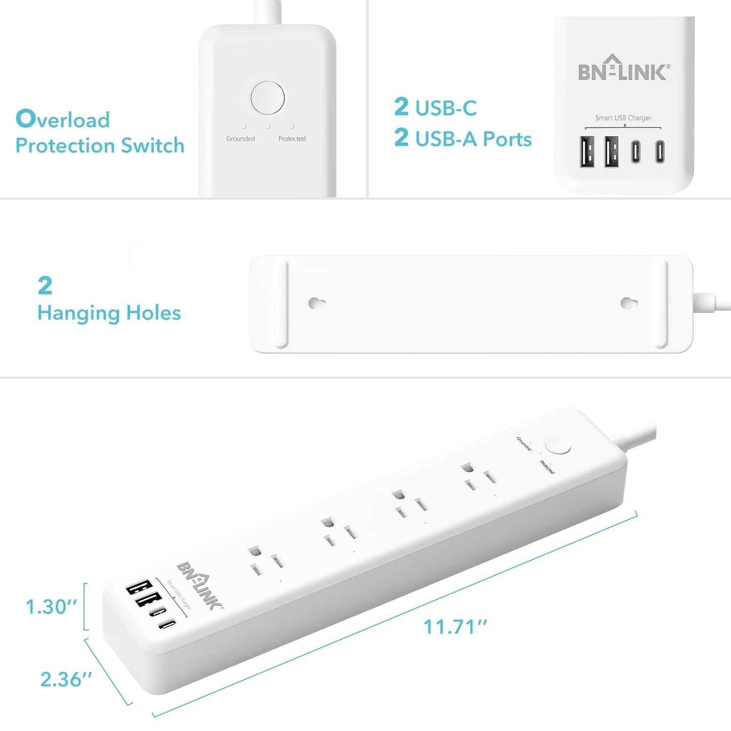 BN LINK Smart Plug Power Strip, protector contra sobretensiones con 4 tomas inteligentes controladas individualmente, 4 USB (incl. 20 W USB-C), compatible con Alexa y Google Home