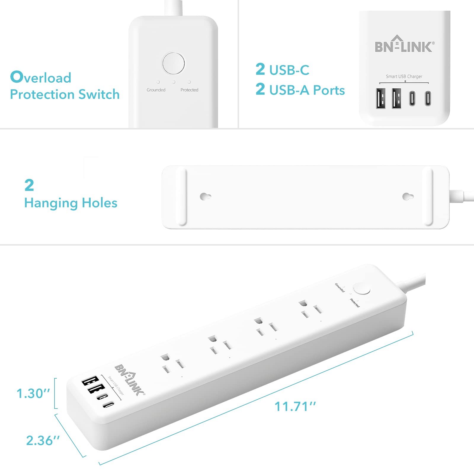BN LINK Smart Plug Power Strip, protector contra sobretensiones con 4 tomas inteligentes controladas individualmente, 4 USB (incl. 20 W USB-C), compatible con Alexa y Google Home