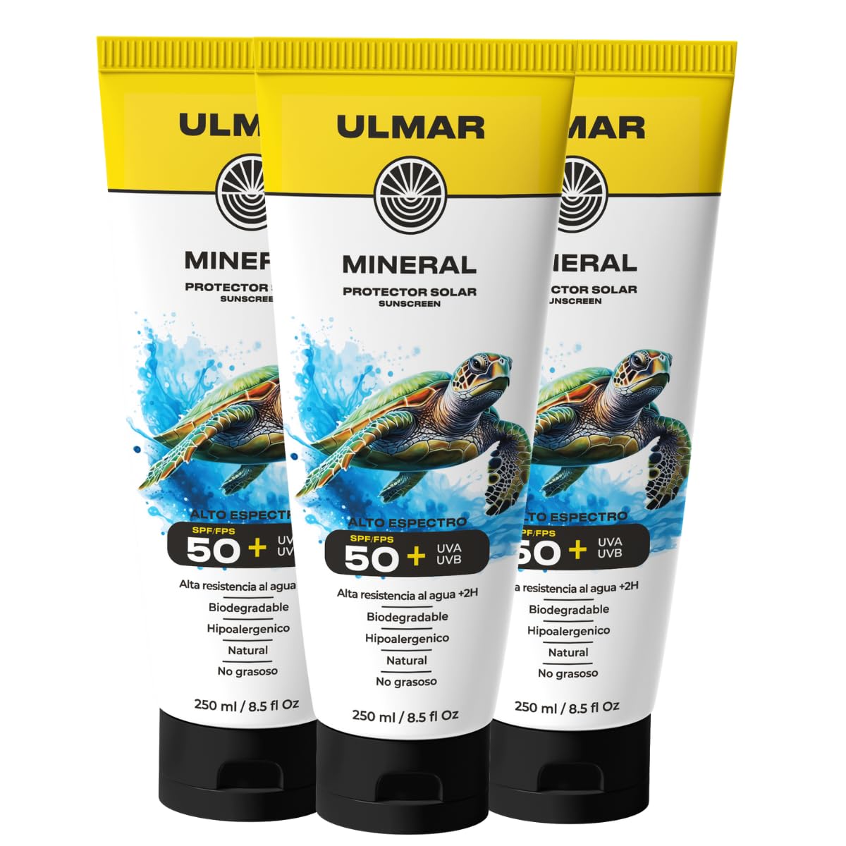 ULMAR Protector Solar Mineral ULMAR spf/fps 50 UVA UVB alto espectro 100% natural hipoalergénico biodegradable 250 ML (3)
