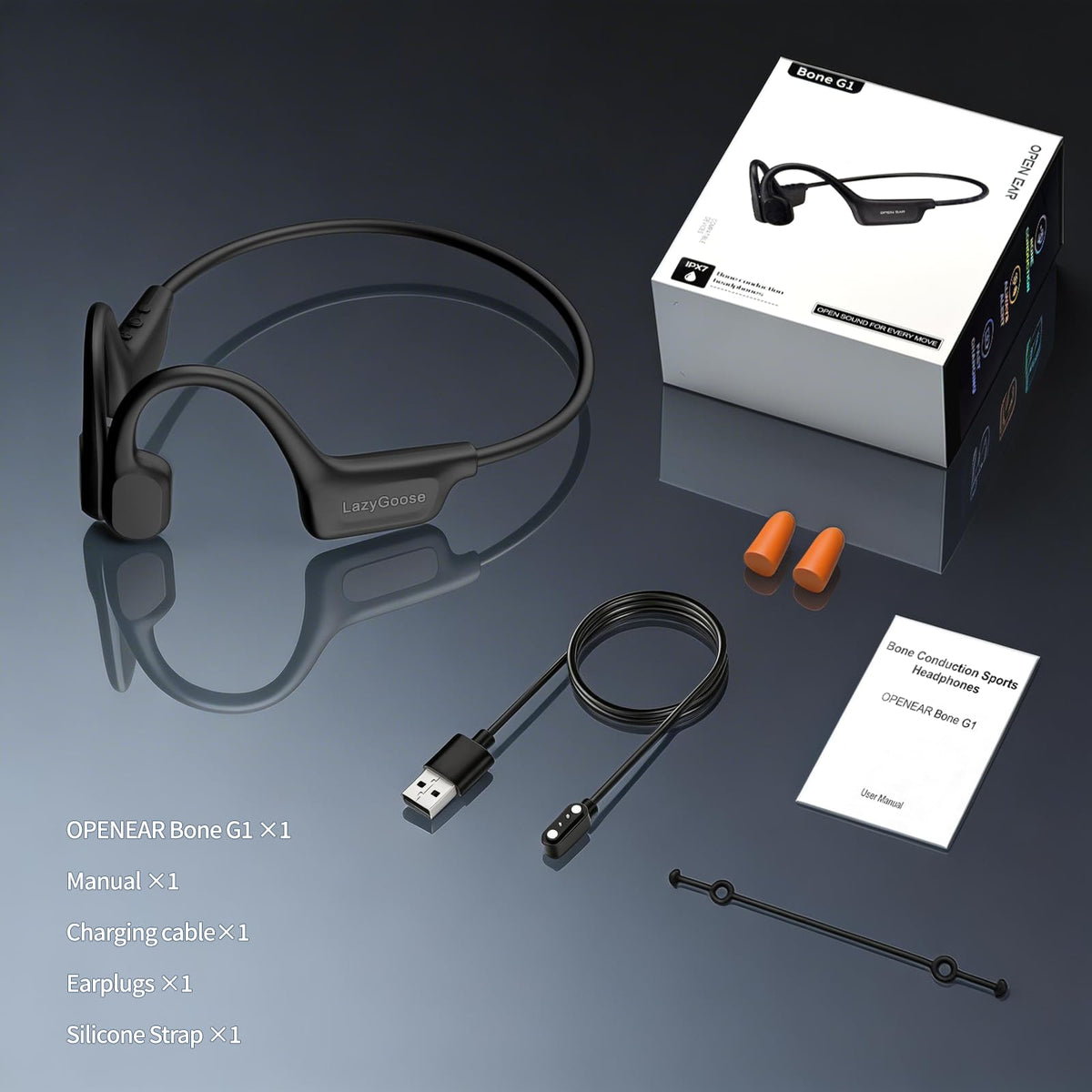 Auriculares de Conducción Ósea LazyGoose Negro Bluetooth 6.0 Impermeables IPX7 con Micrófono para Correr y Ciclismo