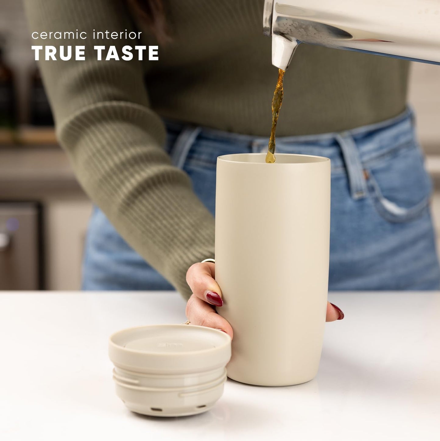 Taza de Café para Viaje Simple Modern Cream Leopard con Tapa 360 y Revestimiento de Cerámica para Mujer y Hombre