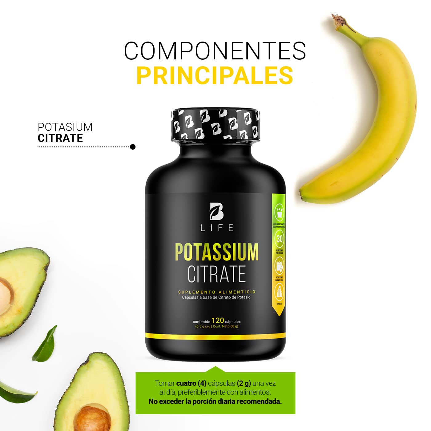 B Life Company Citrato de Potasio 800 mg de Potasio (Provenientes de 1000 mg). Ingredientes Naturales de 120 Cápsulas. Potassium Citrate