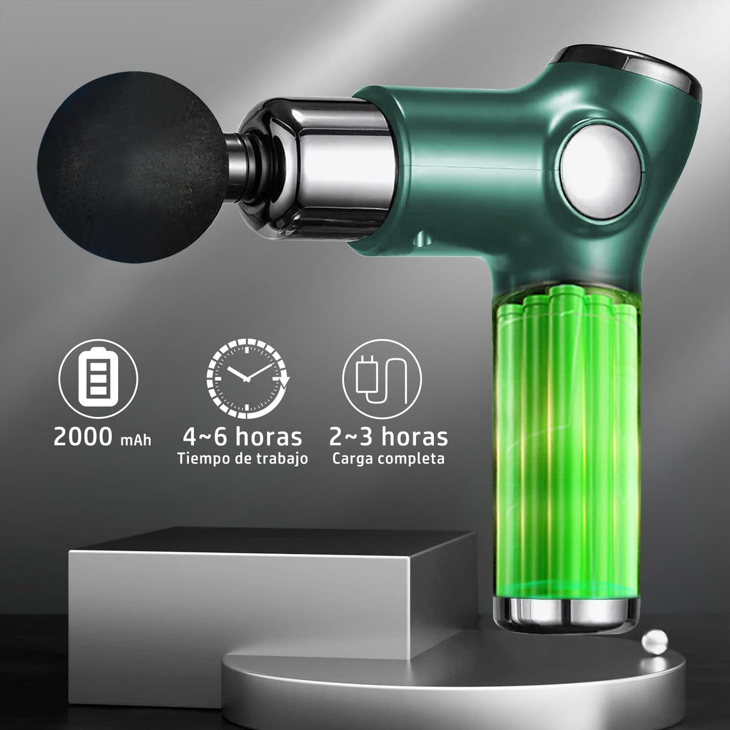 Pistola de Masaje Handheld,Mini Massage Gun Masajeador Muscular Eléctrico,con 8 Cabezales y 32 Niveles Ajustables,Máquina de Masaje Espalda Recargable,Súper Silencioso y con Pantalla Lcd,Verde