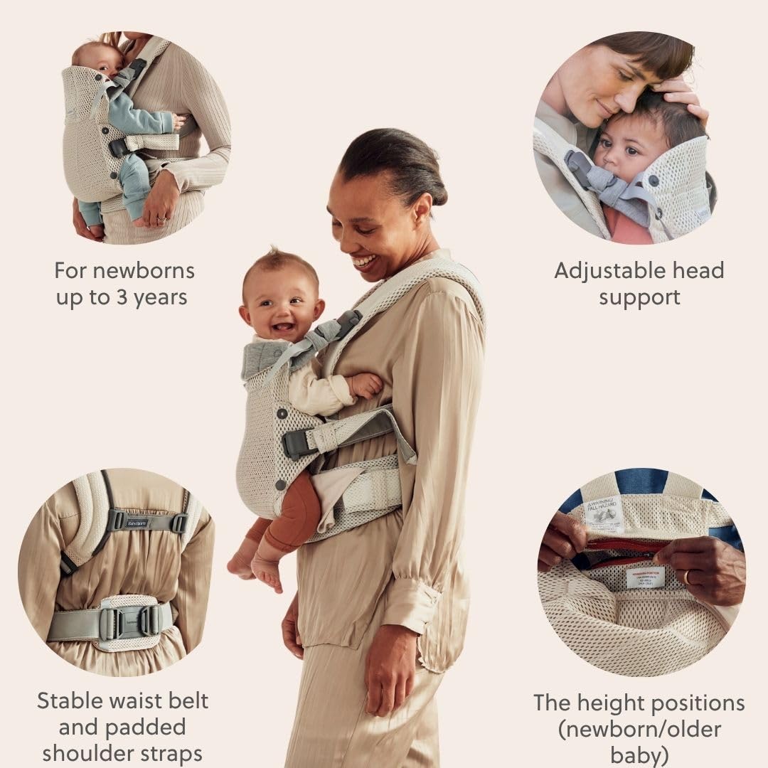 BabyBjörn Canguro Portabebé Harmony, Malla 3D, Crema | Ergonómico, para recién nacidos hasta los 3 años (3.2–15 kg), 4 posiciones, posición de piernas ajustable, suave y cómodo