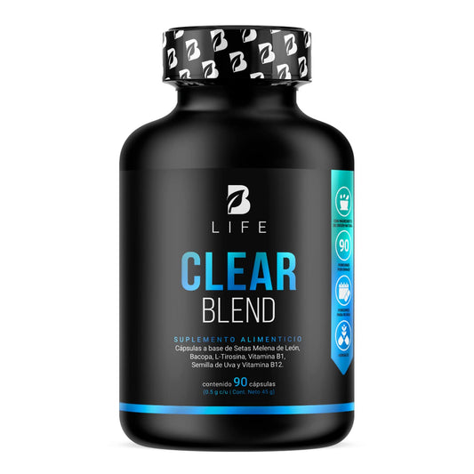 Clear Blend de 90 cápsulas. Ingredientes naturales: Hongo Melena de León, Bacopa, L-Tirosina, L-Teanina, Vitamina B1, Semilla de Uva Roja y Vitamina B12. Clear Blend B Life.