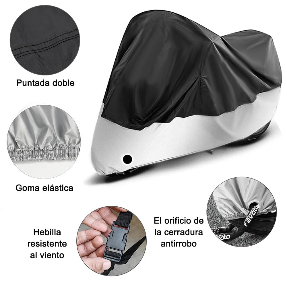 Cubierta para Motocicleta Impermeable Al Libre - Funda para Moto Protección Contra el Polvo, Lluvia y Clima, Agujeros de Bloqueocontra, Poliéster Protección 190T (265 * 125 * 105cm, Negro y Plata)