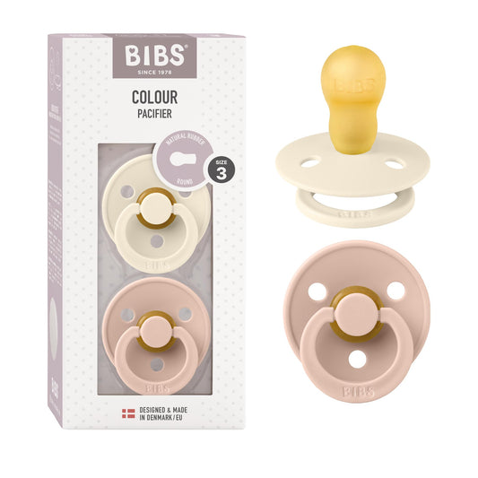 BIBS Chupones Colour Pack de 2, Tetina redonda de látex natural, Talle 3, Color Ivory/Blush, +18 meses, Hecho en Dinamarca