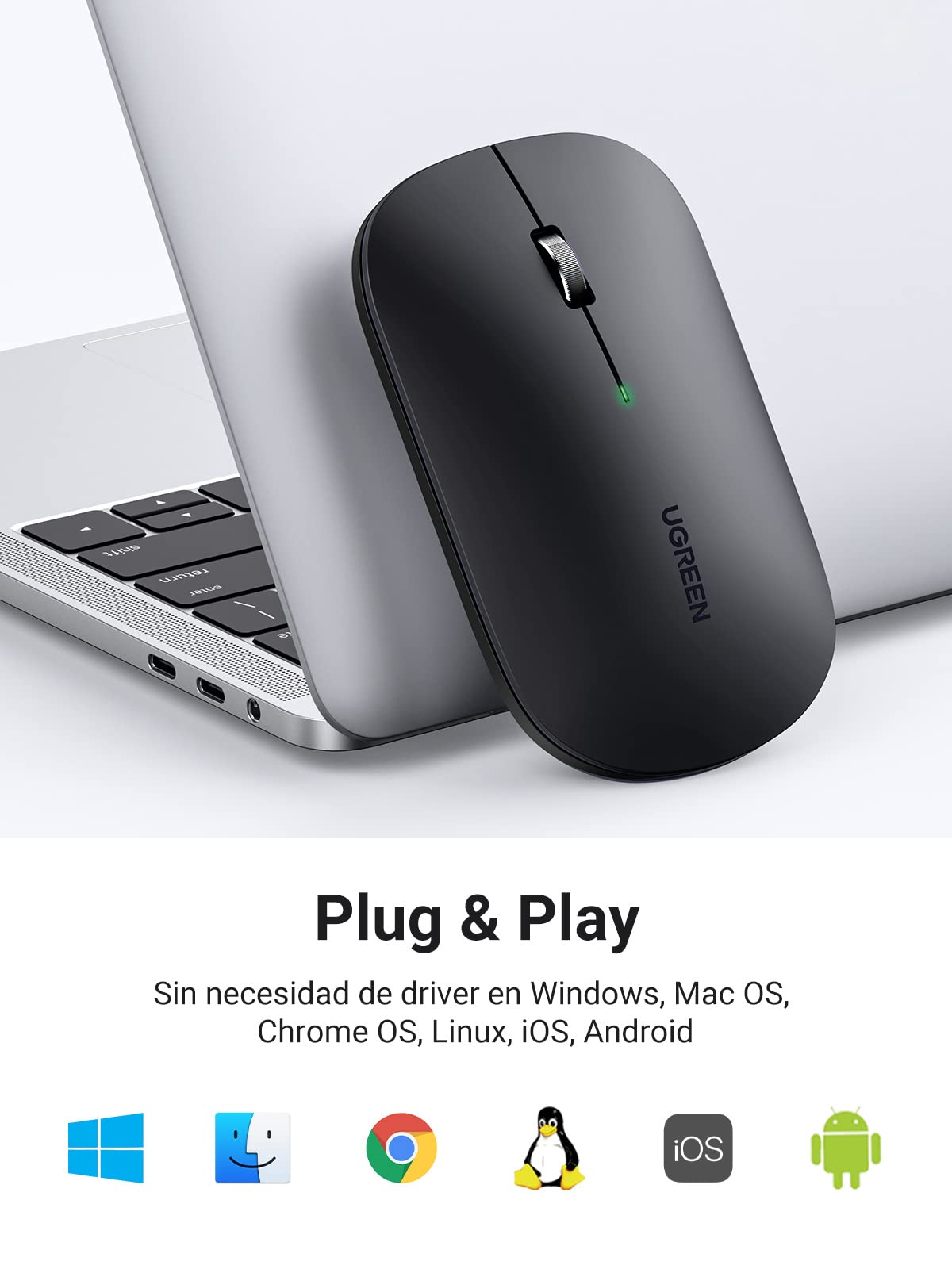 Ratón Inalámbrico UGREEN Negro con Bluetooth y USB 2.4G Silencioso 4000 dpi para MacBook iPad Windows Linux macOS