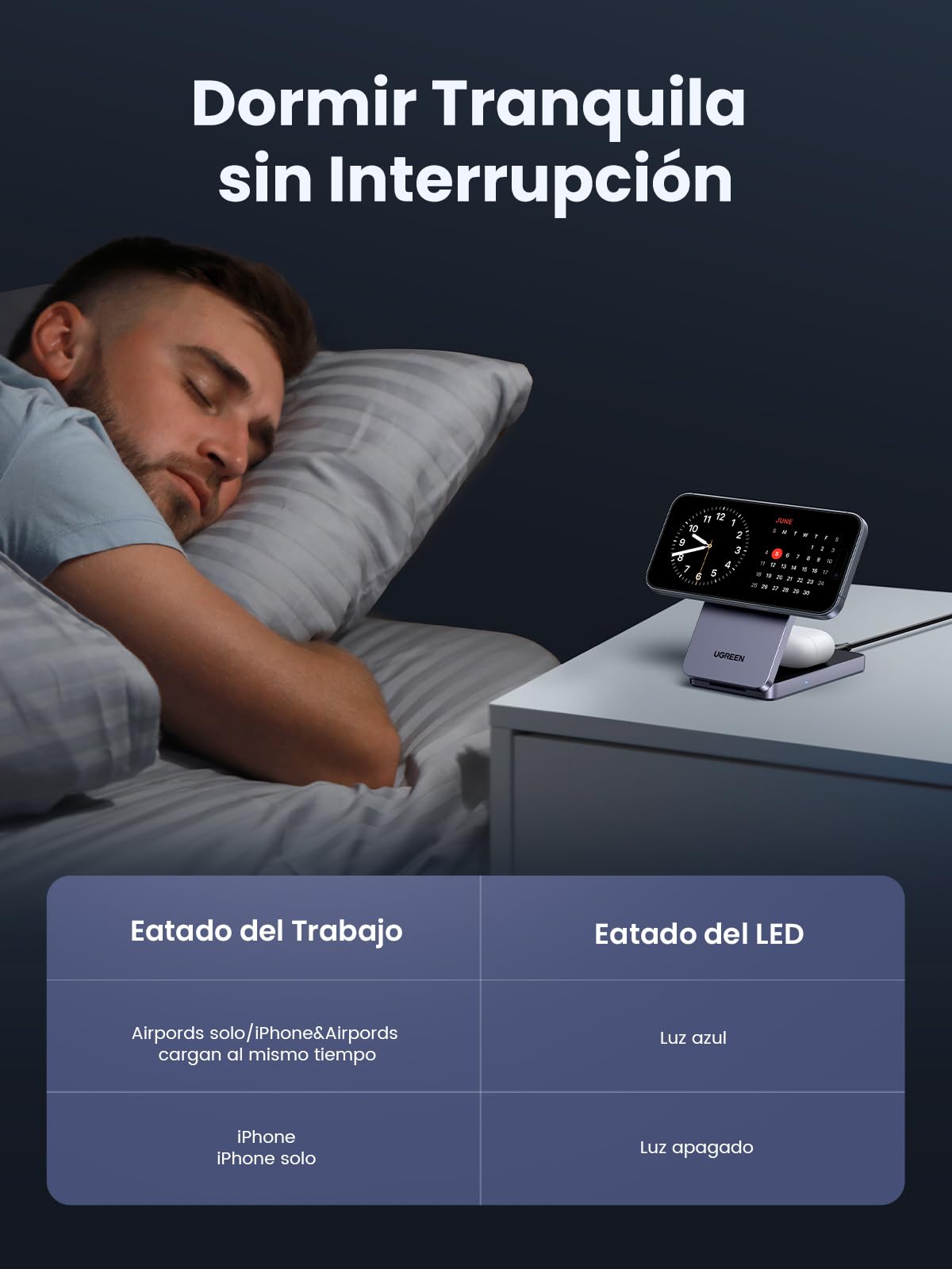 Cargador Inalámbrico UGREEN Negro MagFlow 15W 2 en 1 Plegable Compatible con MagSafe para iPhone y AirPods