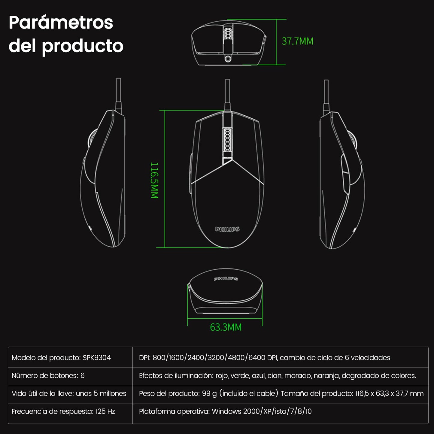Mouse Gaming Philips Negro con Iluminación RGB y 6 Botones Programables