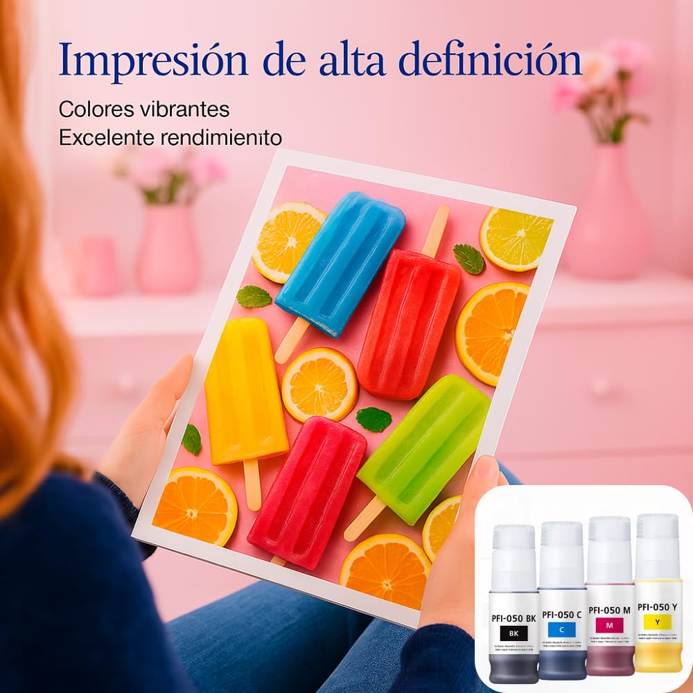 LizzVicc Pack de Tinta Genérica para Canon PFI-050 – 2 Botellas Negras, 1 Cian, 1 Magenta y 1 Amarillo (70 ml c/u) – Compatible con Plóter Canon TC-20 – Tinta Pigmentada de Alta Precisión