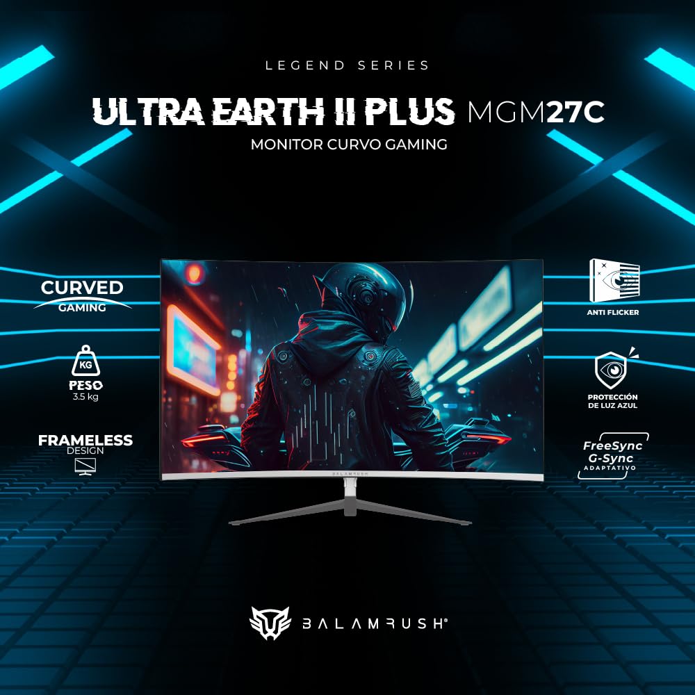 Balam Rush Monitor Gamer Curvo 27" VA/Ultra Earth II MGM27C / FHD R1800 / 180Hz / 1ms / F-Sync/G-Sync/Flicker-Free / 1xHDMI 1.4 + 1xDP 1.2 + 1xTipo C Display + 3.5 mm/VESA 100mm / Legend PEM Blanco