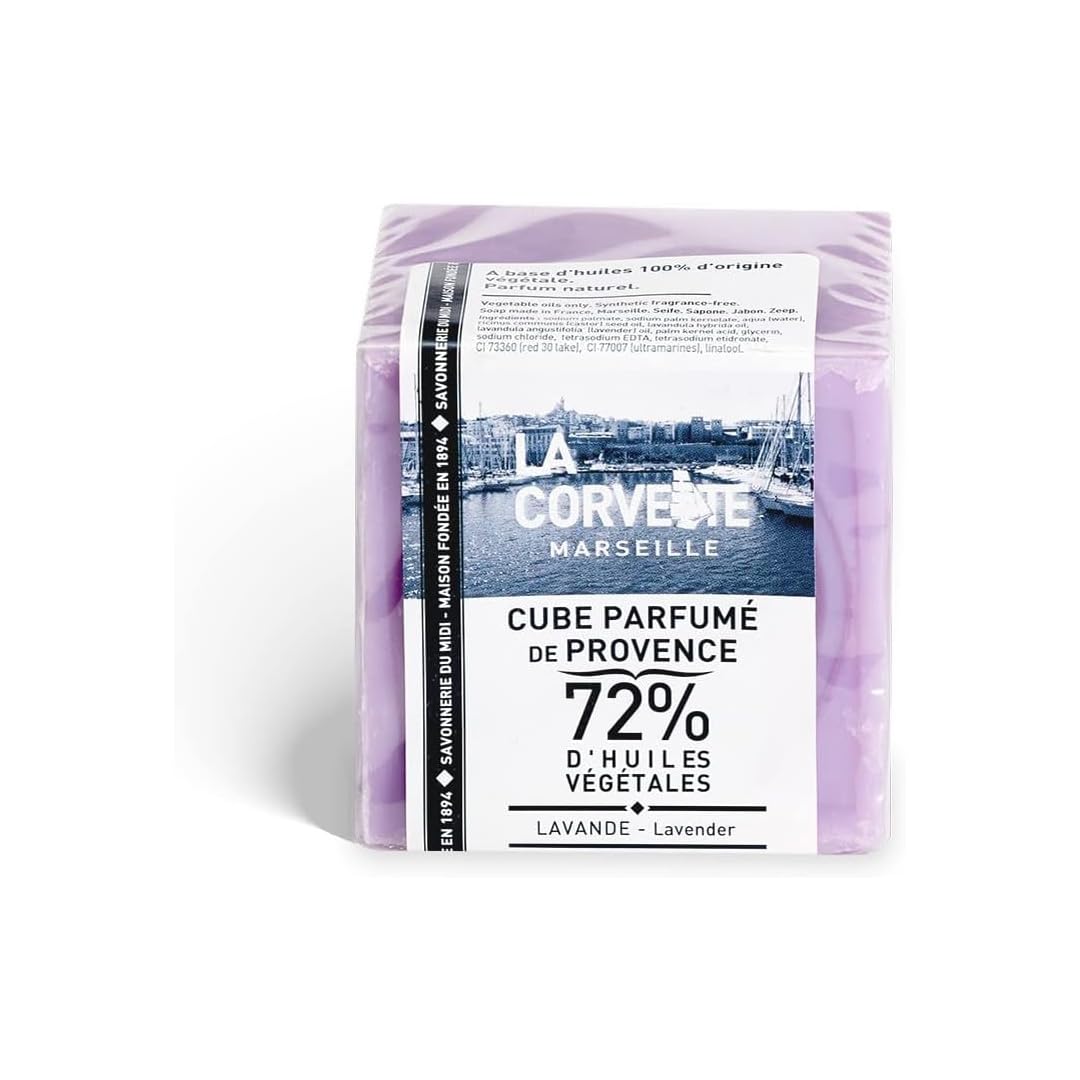 La Corvette | Jabón de Lavanda en Cubo, Hecho en Provence 100% de Aceites Vegetales Puros, Sin Parabenos, 200 g.