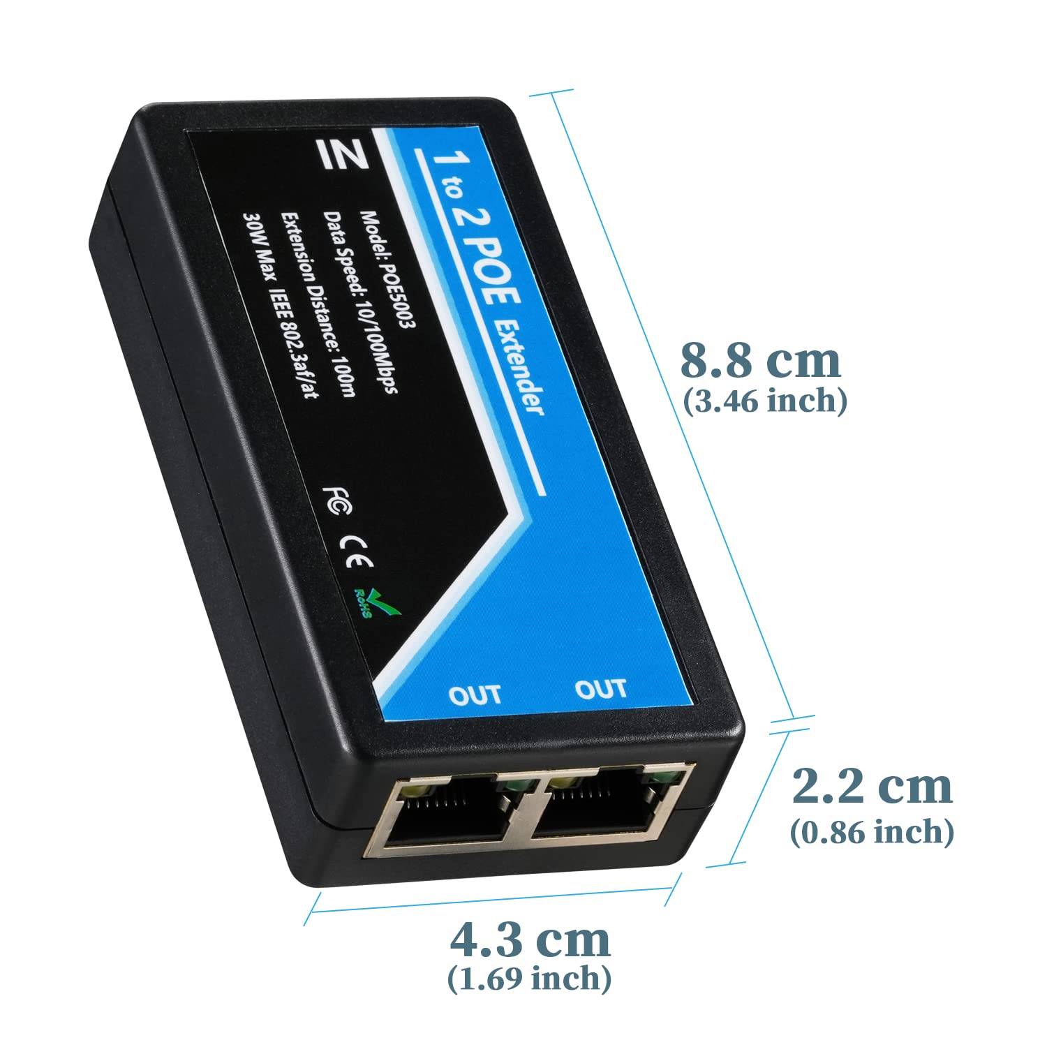 RevoTech - Extensor PoE de 2 Puertos PoE+ repetidor de 100 Metros (336 pies) Extensor 1 en 2 Salida Cumple con IEEE 802.3af/at estándar 10,100 Mbps para cámara PoE de Seguridad sobre Cables Cat5/Cat6