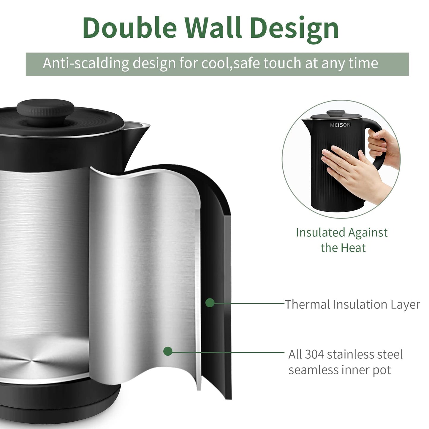 Hervidor Eléctrico MEISON Acero Inoxidable Doble Pared 1.7 Litros con Apagado Automático y Protección contra Ebullición en Seco
