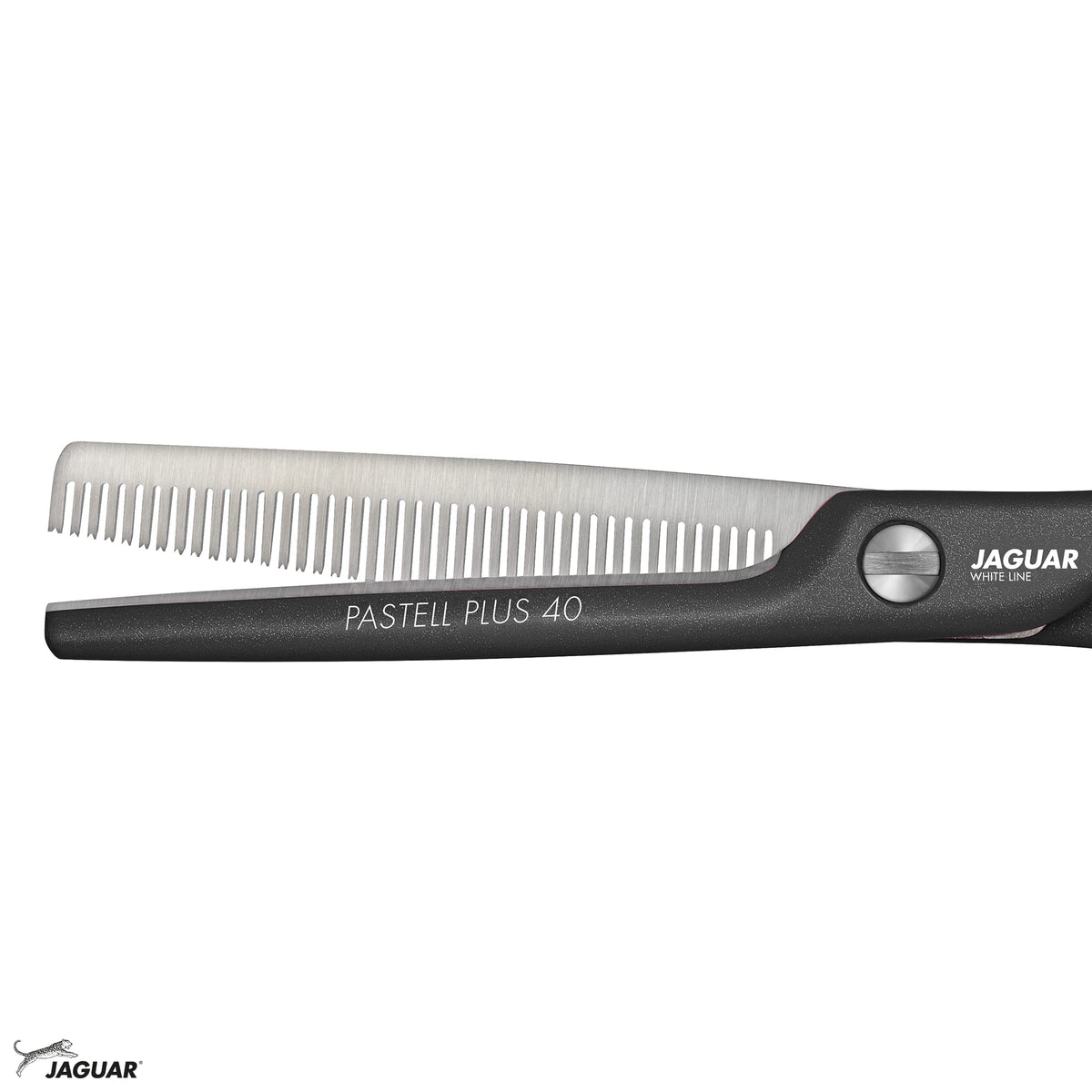 Jaguar Tijeras texturizadoras de línea blanca PASTELL Plus 40 LAVA 5.5 pulgadas Profesionales Tijeras de Corte de Acero para Salón, Peluqueros y Barberos, 40 dientes, Negro, Diseño Offset, Hecho en Alemania