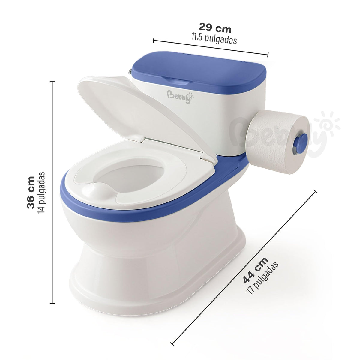 BEBBLY Bañito Entrenador Infantil con Sonido Musical Portarrollo y Almacenamiento Asiento Antiderrapante para Niños y Niñas de 6 Meses a 3 Años Fácil de Limpiar Ideal para Aprender a Ir al Baño (Azul)