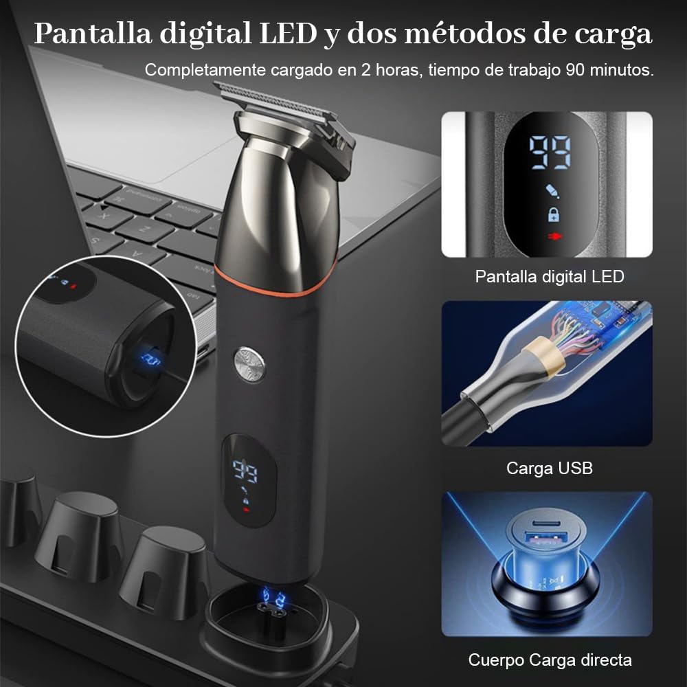VOICEPTT Afeitadora Electrica y Barbero Eléctrico con Cabezal de Succión Magnético, 16 en 1 Kit de Rasurado para Hombre, Máquina para Cortar Cabello de Barba/Nariz/Pelo/Cara/Cuerpo, Carga Rápida USB y Base