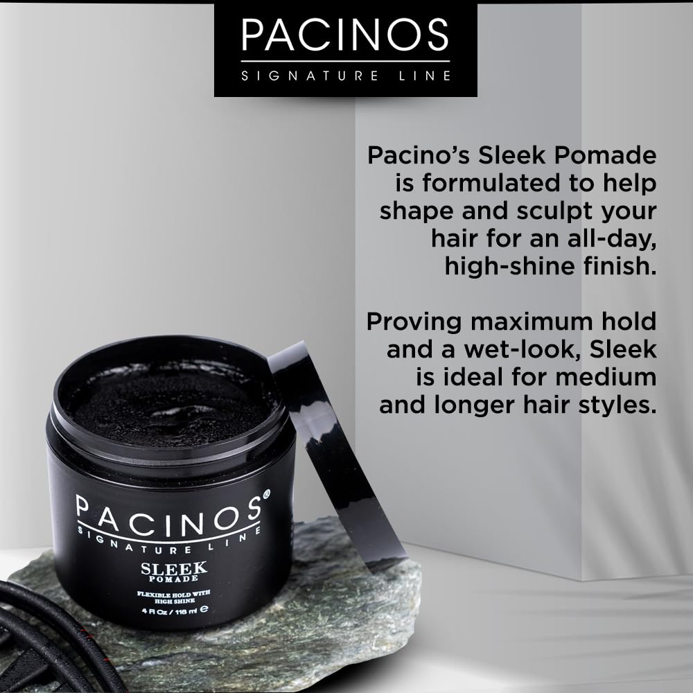 Pacinos SLEEK High Shine Flexible Pomade for Men - Long-Lasting Styling for Medium to Longer Hair - Wet Look with All-Day Hold - 4 oz