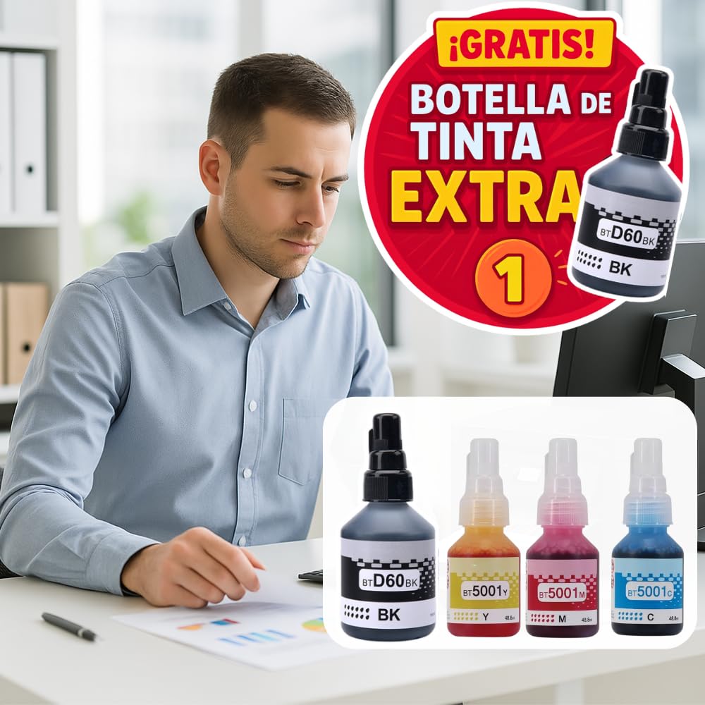 LizzVicc Pack de Tinta Genérica para Brother BT-D60 y BT-5001 – 2 Botellas Negras (108 ml) + 1 Cian, 1 Magenta y 1 Amarillo (48.8 ml) – Compatible con DCP-T310, T510W, T710W, MFC-T910DW