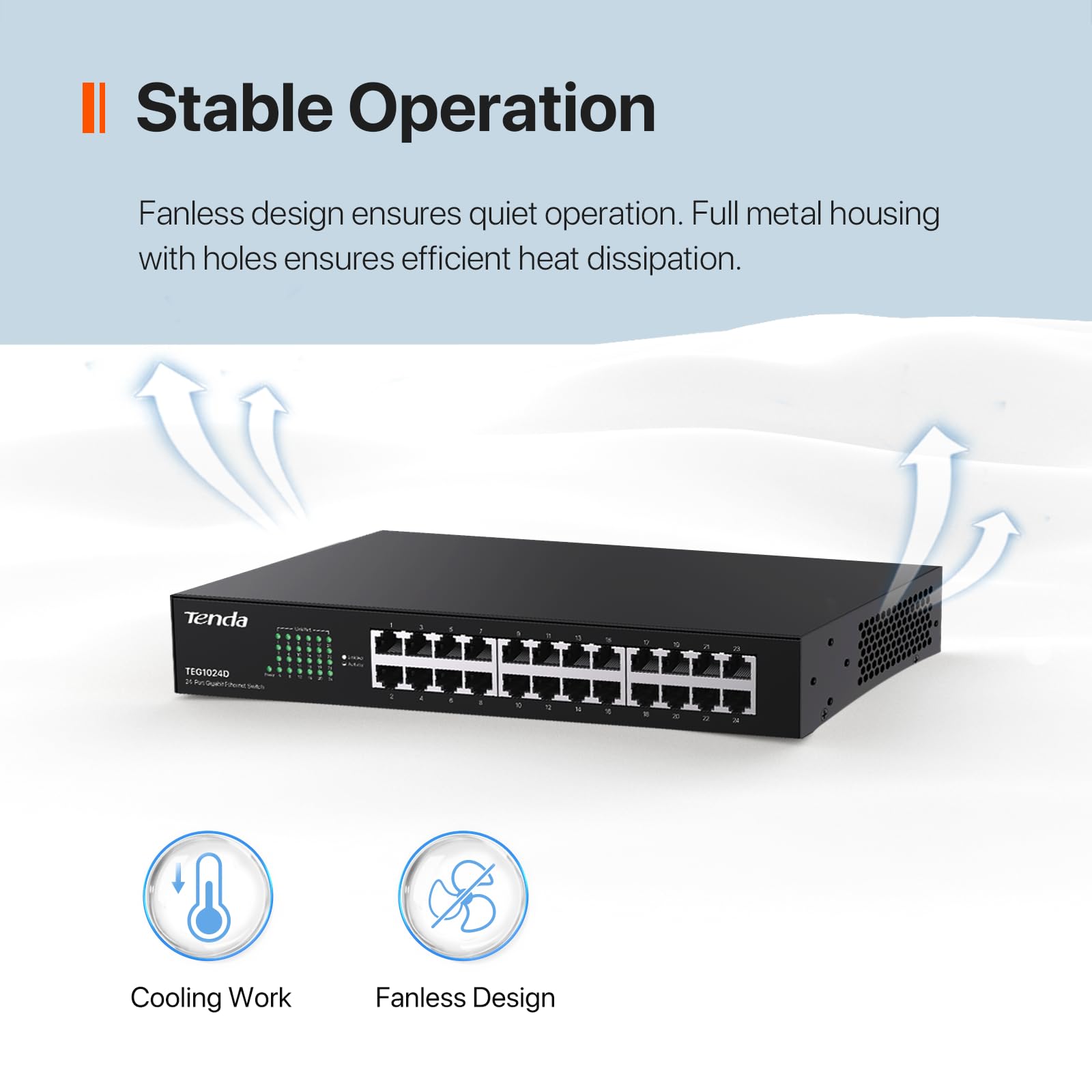Tenda Switch TEG1024D Ethernet de 24 Puertos Gigabit 10/100/1000 Mbps , no administrable, transmisión dúplex.