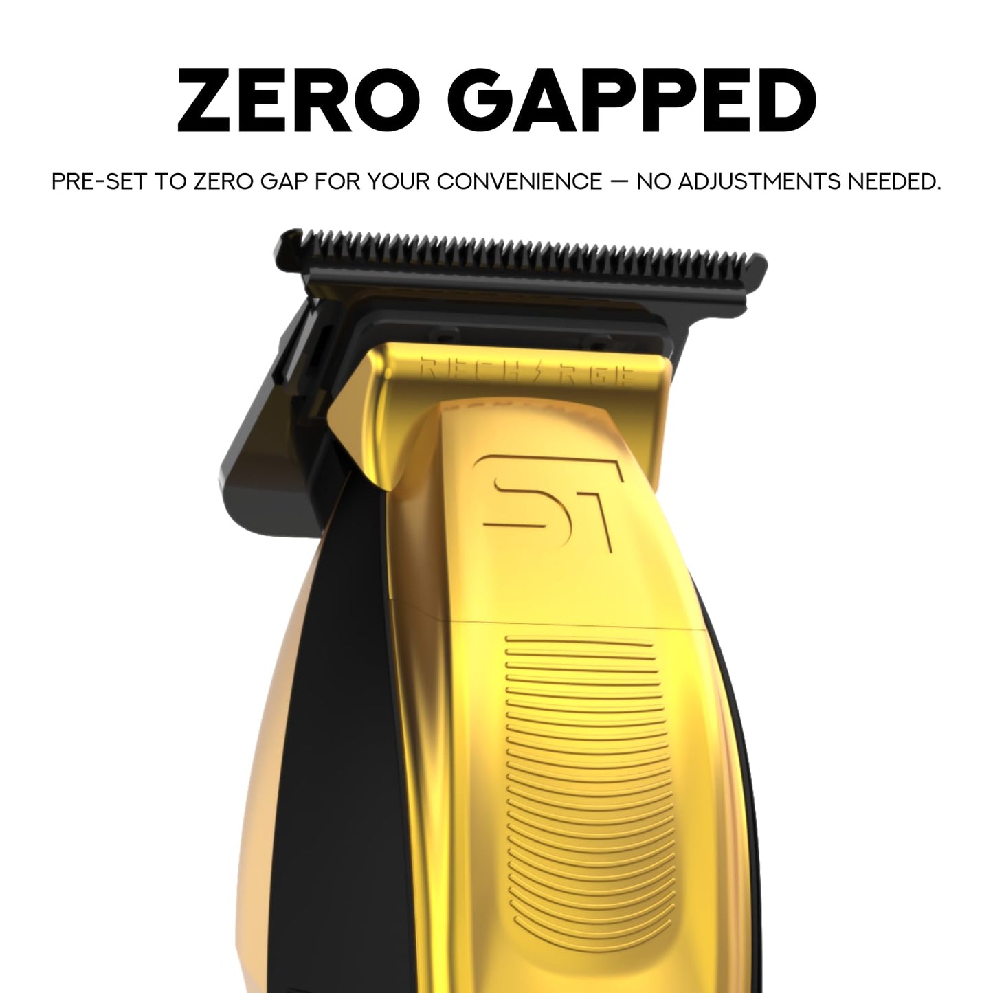 Supreme Trimmer Recarga Zero Gappable Trimmer para Barberos | 7500+ RPM, batería extraíble, soporte de carga USB inteligente + carga iPhone/Android | Gold ST777