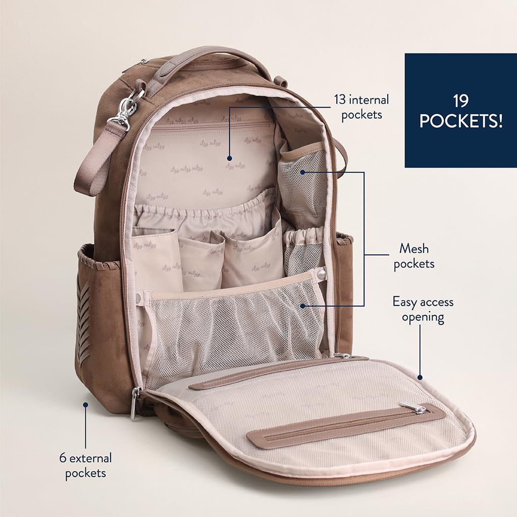 Itzy Ritzy - Mochila para pañales de gran capacidad Boss Plus con 19 bolsillos, cambiador, clips para carriola y correas cómodas (Aspen)