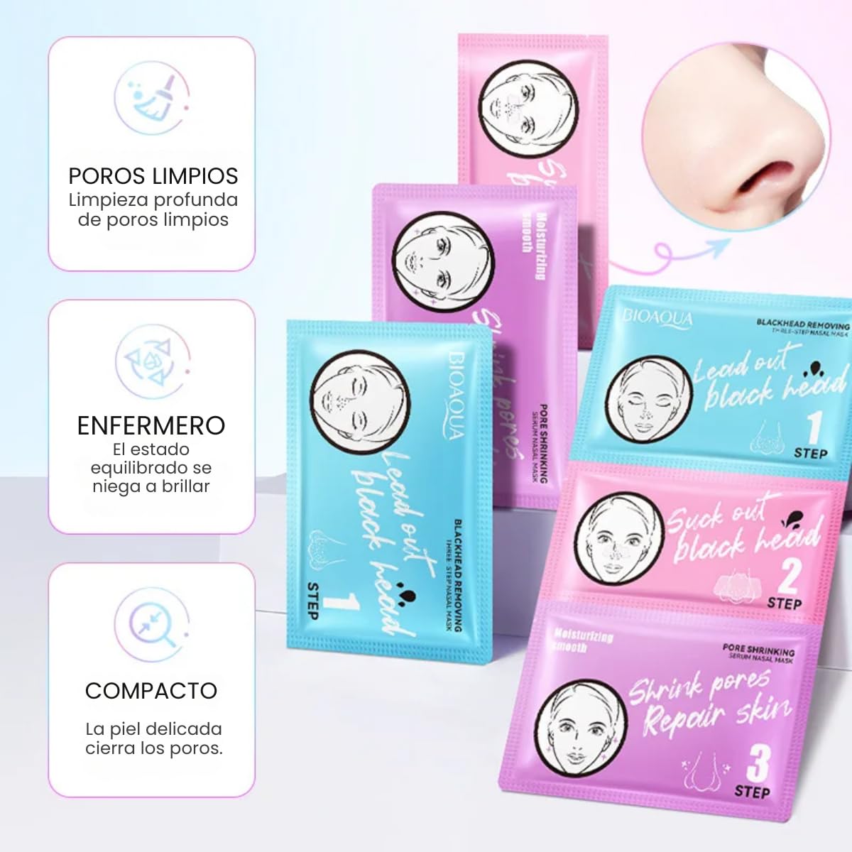 UNIVERSOENLÍNEA.COM | Paquete 50 Mascarillas 3 Pasos Eliminar Puntos Negros Nariz Barros Peel off Remueve y Reduce Poros Cuidado facial Extrae Puntos Negros Remueve Grasa Nasal (Multicolor / 50pcs)