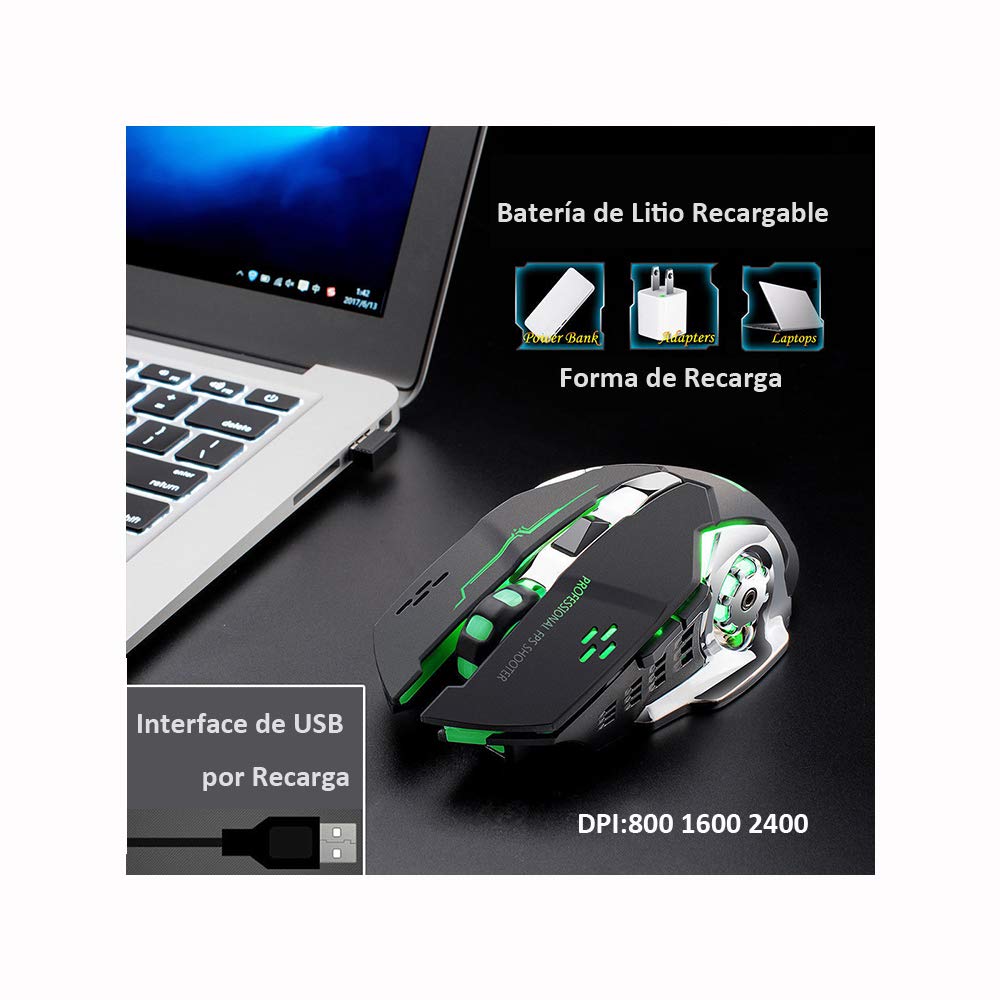 Mouse Gaming EASYTAO Inalámbrico Recargable Ergonómico 6 Botones Programables 3 dpi Ajustable